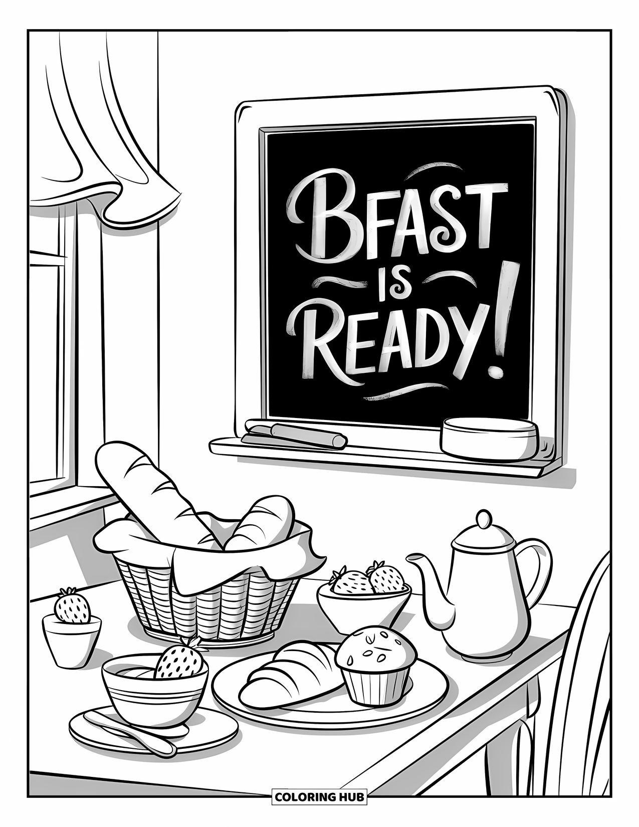 Room Coloring Page for Kids: Breakfast nook with croissant, muffin, tea set, and a chalkboard that says "Bfast is ready!"