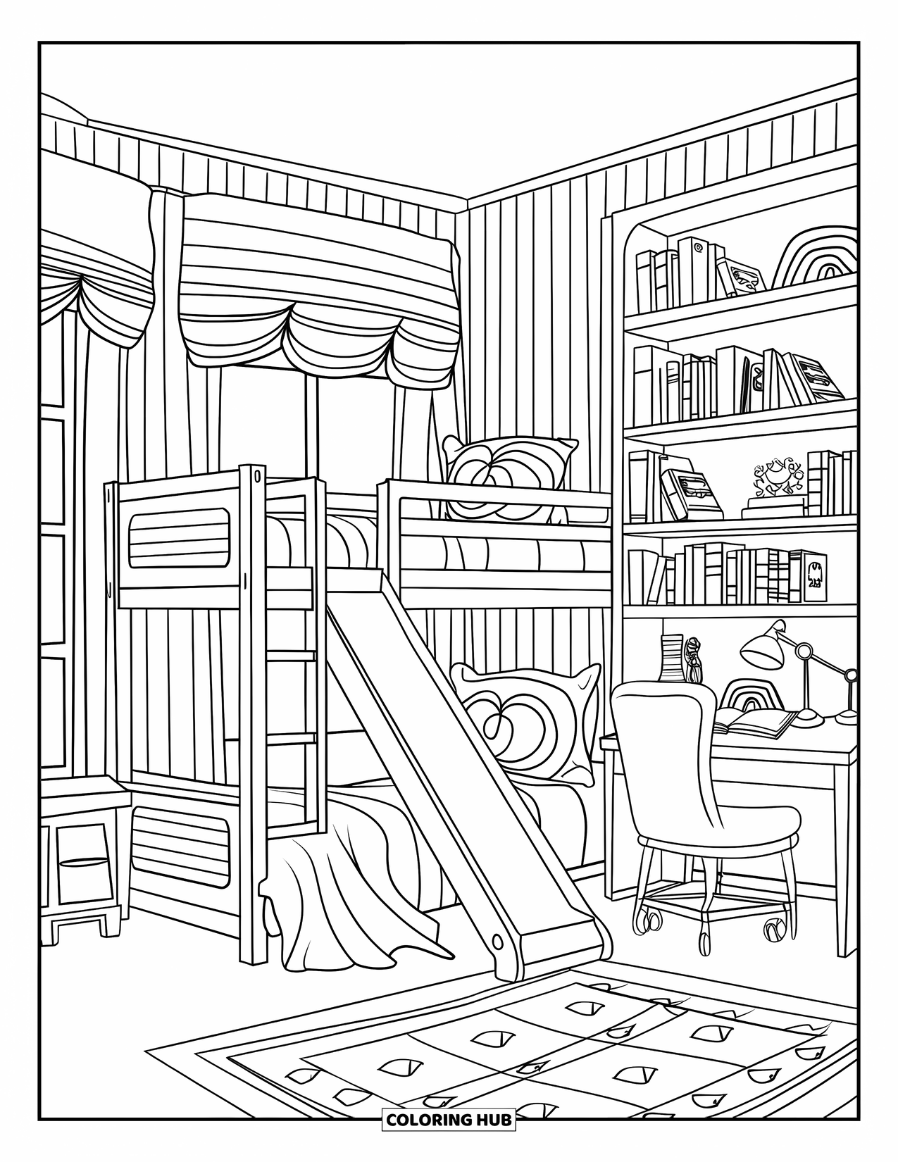 Room Coloring Page for Kids: Bunk bed room with slide, bookshelves, rainbow decor, desk, and a window