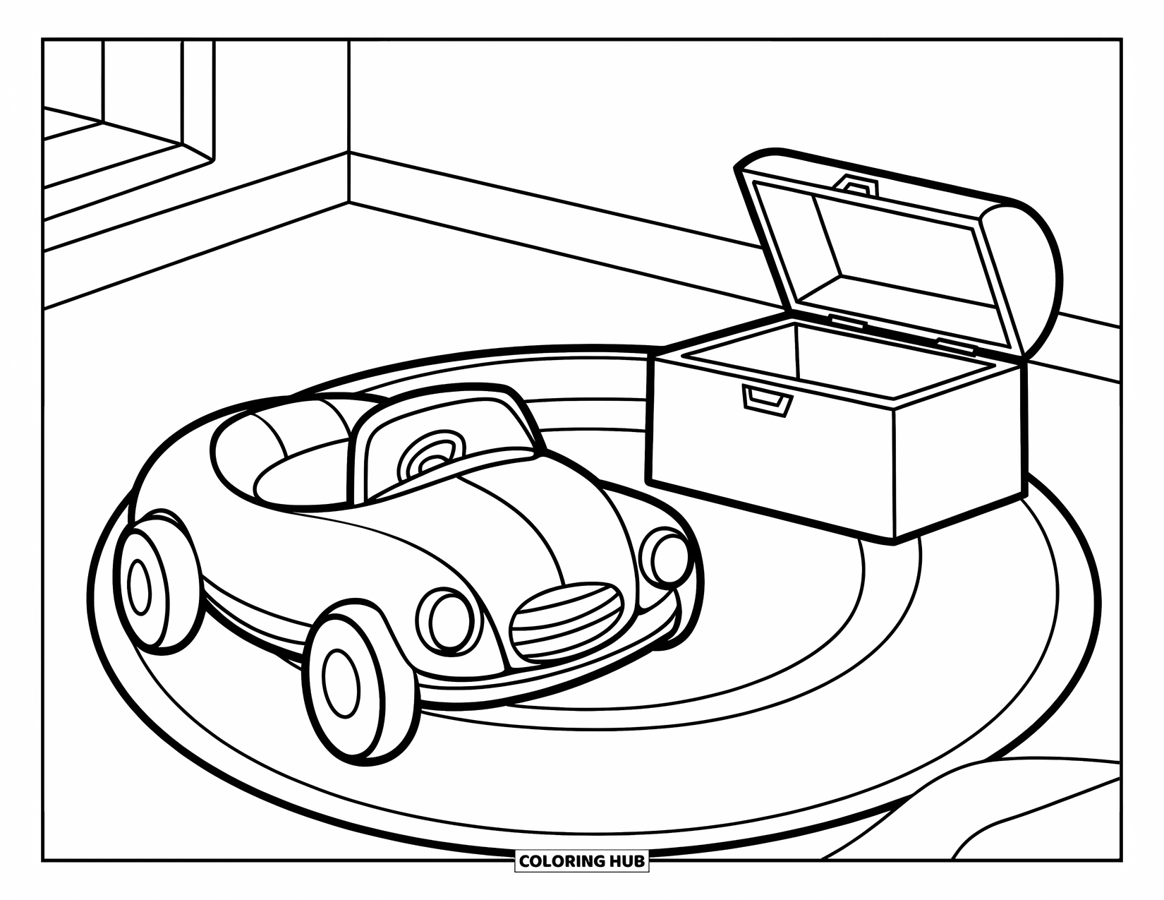Room Coloring Page for Kids: Calm bedroom with rug, toy car, and open toy chest