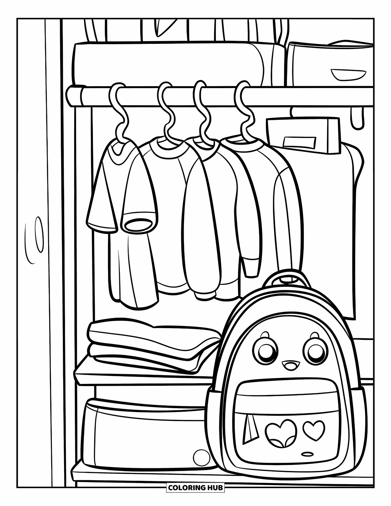 Room Coloring Page for Kids: Closet with hanging shirts and a backpack