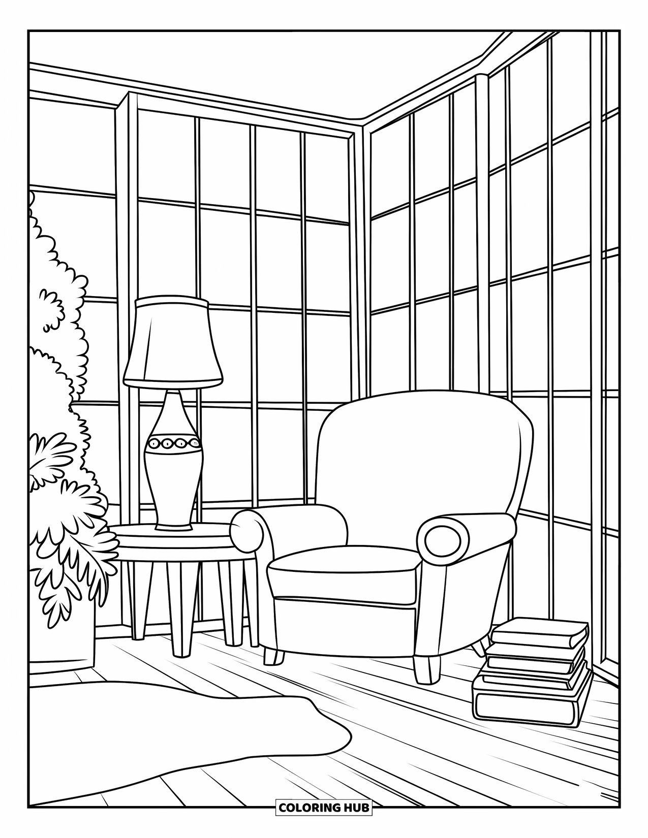 Room Coloring Page for Kids: Comfy chair, books, lamp, and a glass wall filled with greenery