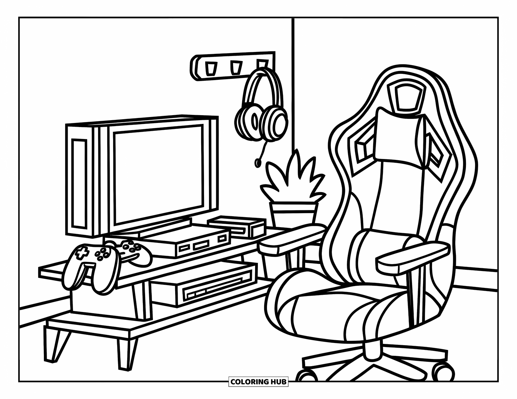 Room Coloring Page for Kids: Console setup with gaming chair, headset, TV, and a small plant