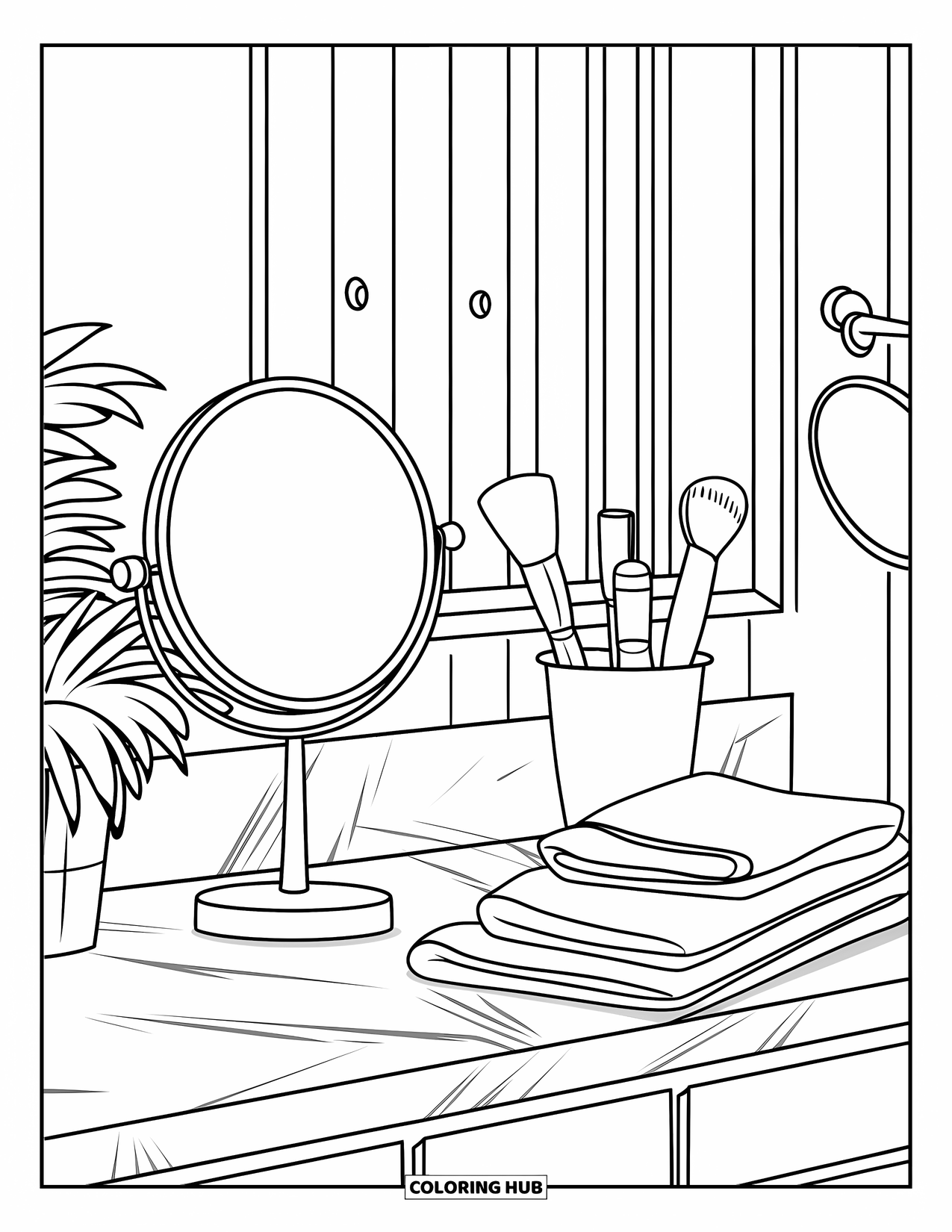Room Coloring Page for Kids: Counter with a mirror, brushes, potted plant, and a few cosmetic items