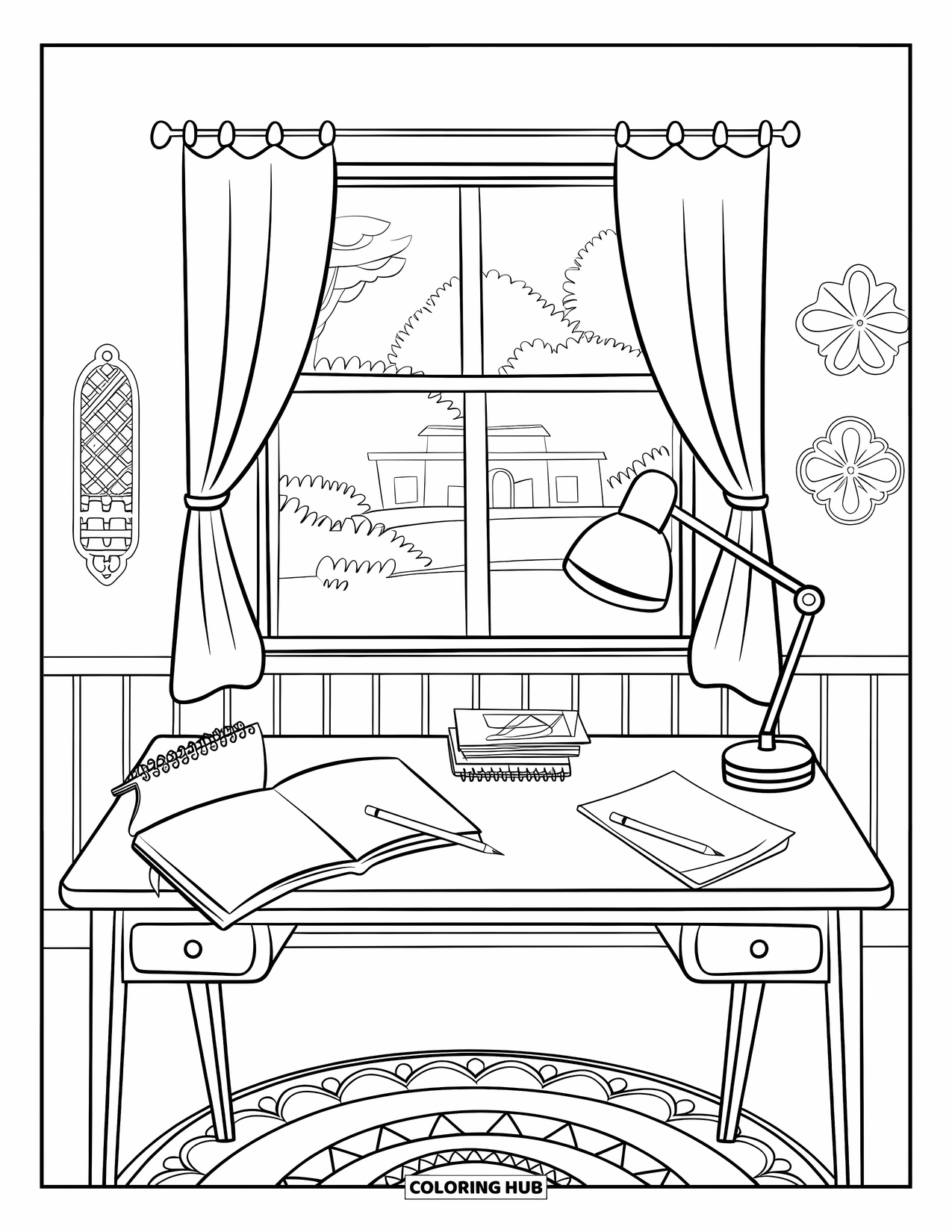 Room Coloring Page for Kids: Desk scene with lamp, rug, curtain window, and a view of trees