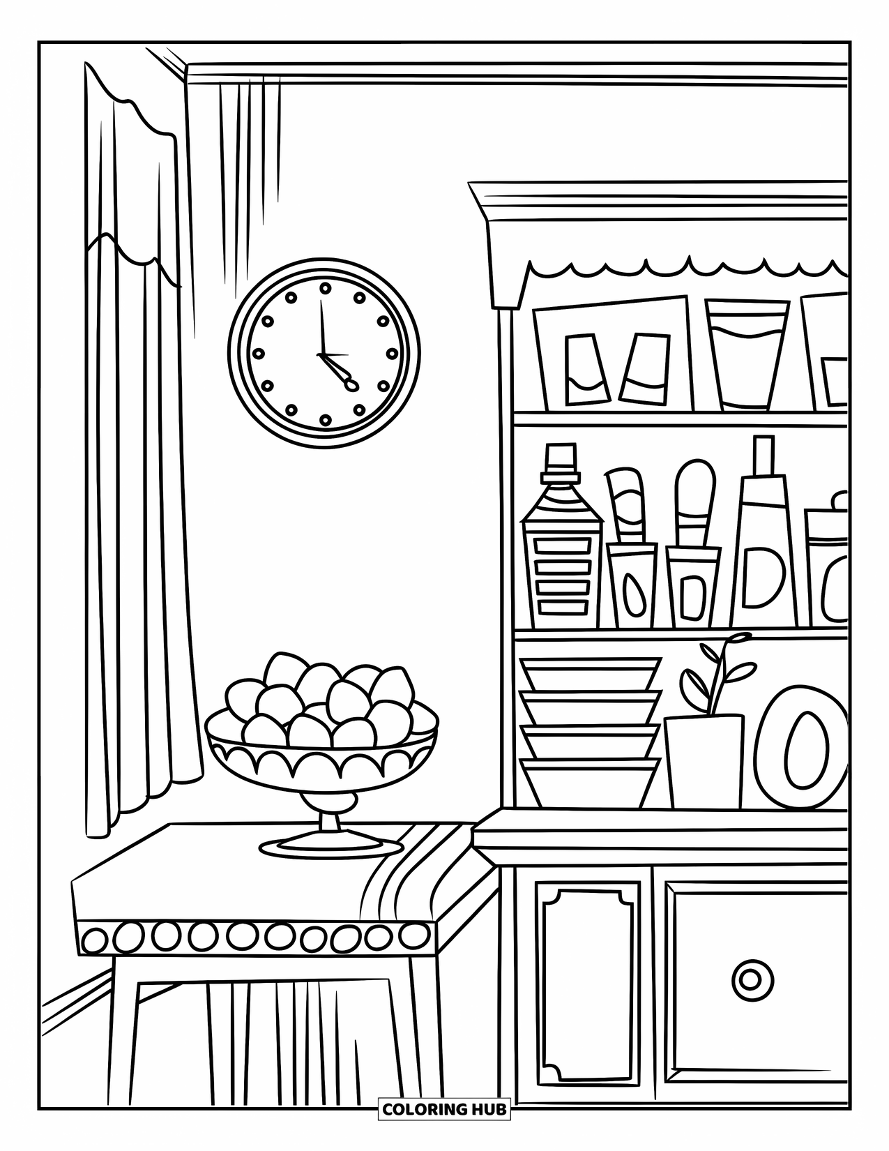 Room Coloring Page for Kids: Dining area with shelf items, a clock, and a bowl of fruit