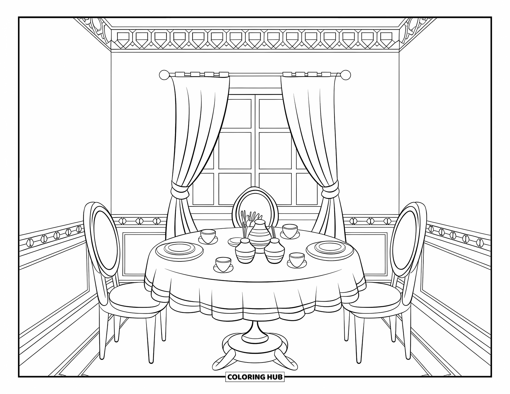 Room Coloring Page for Kids: Dining room with table, four chairs, plates, cups, and a window