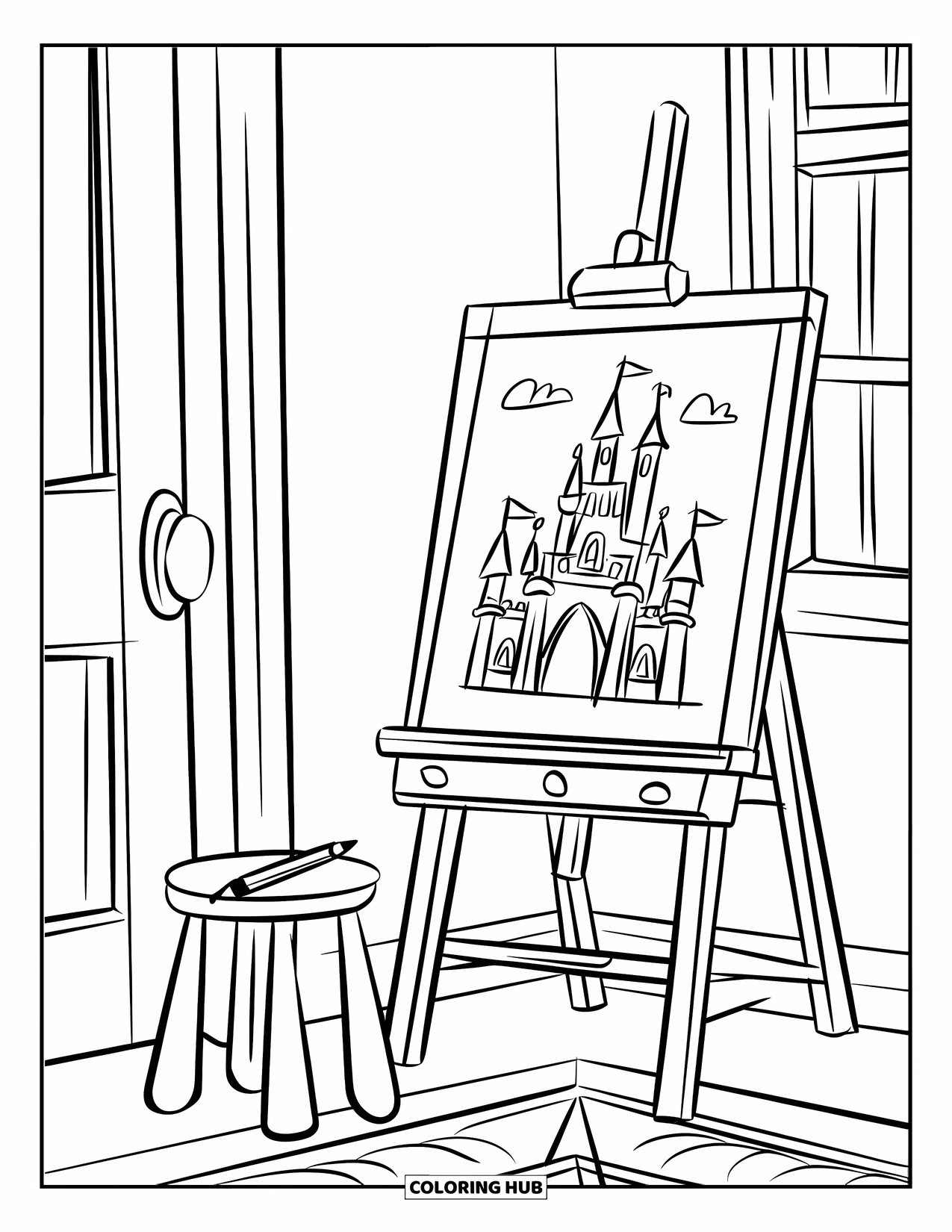 Room Coloring Page for Kids: Easel, stool, pencil, and a castle drawing on the wall