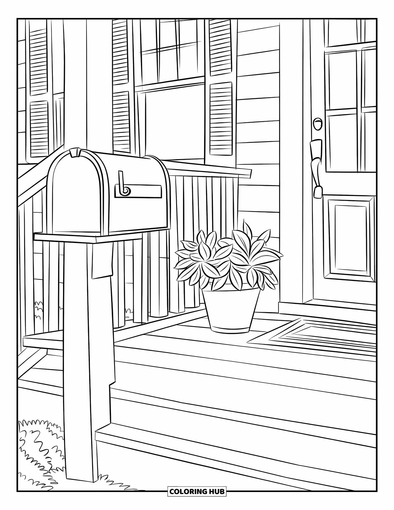 Room Coloring Page for Kids: Front porch with a mailbox, doormat, potted plant, and wooden planks