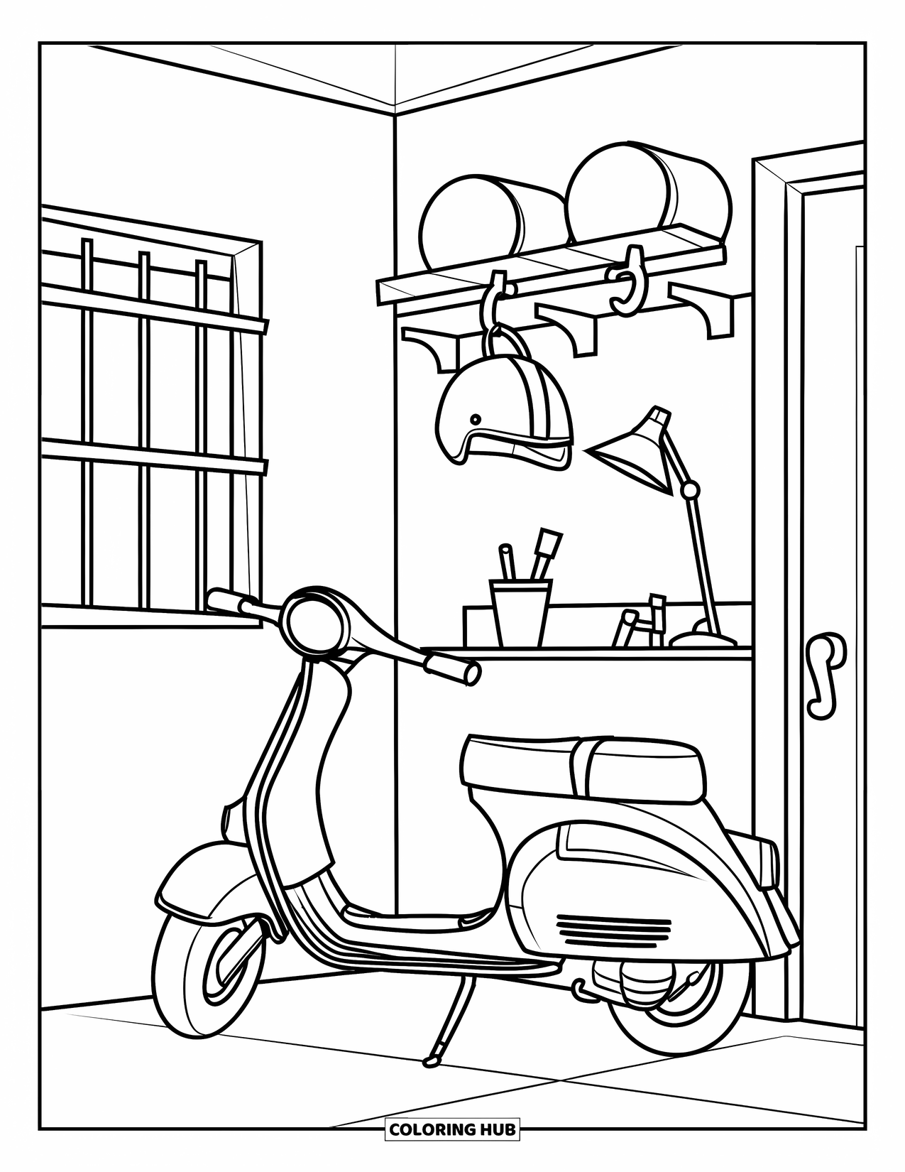 Room Coloring Page for Kids: Garage corner with scooter, helmet, shelf of tools, and a barred window