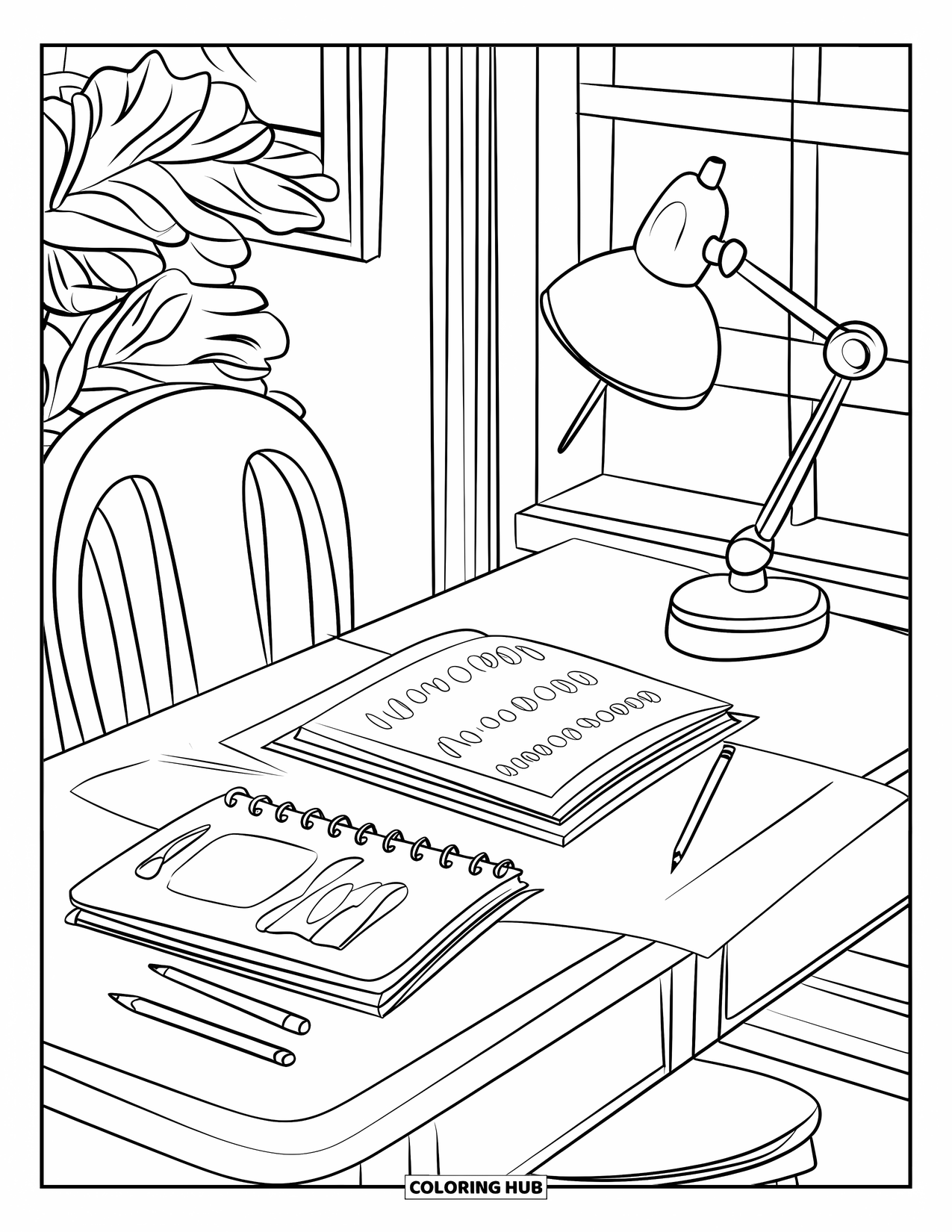 Room Coloring Page for Kids: Homework desk with a chair, plant, painting, and window nearby