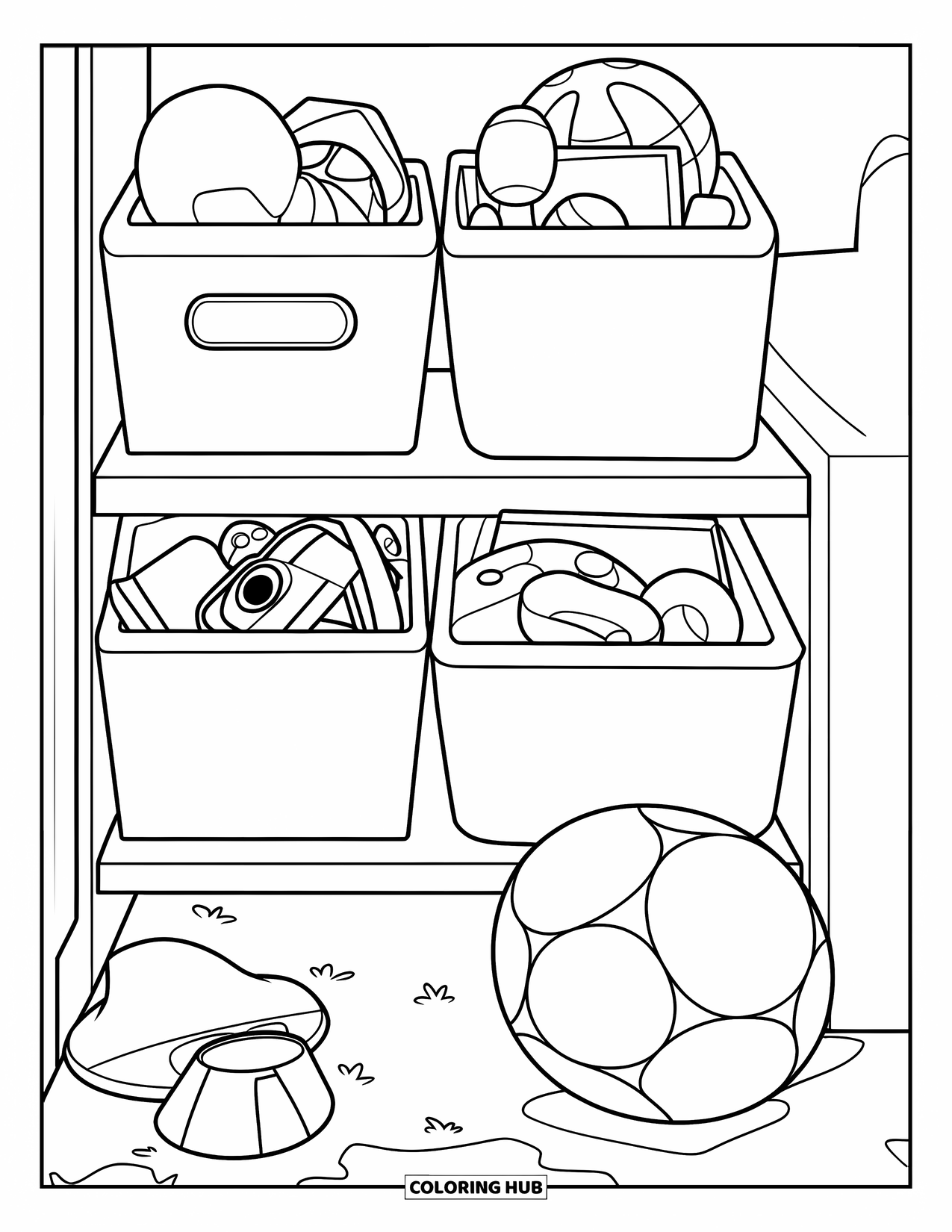 Room Coloring Page for Kids: Organized shelf with toy bins and a big ball nearby