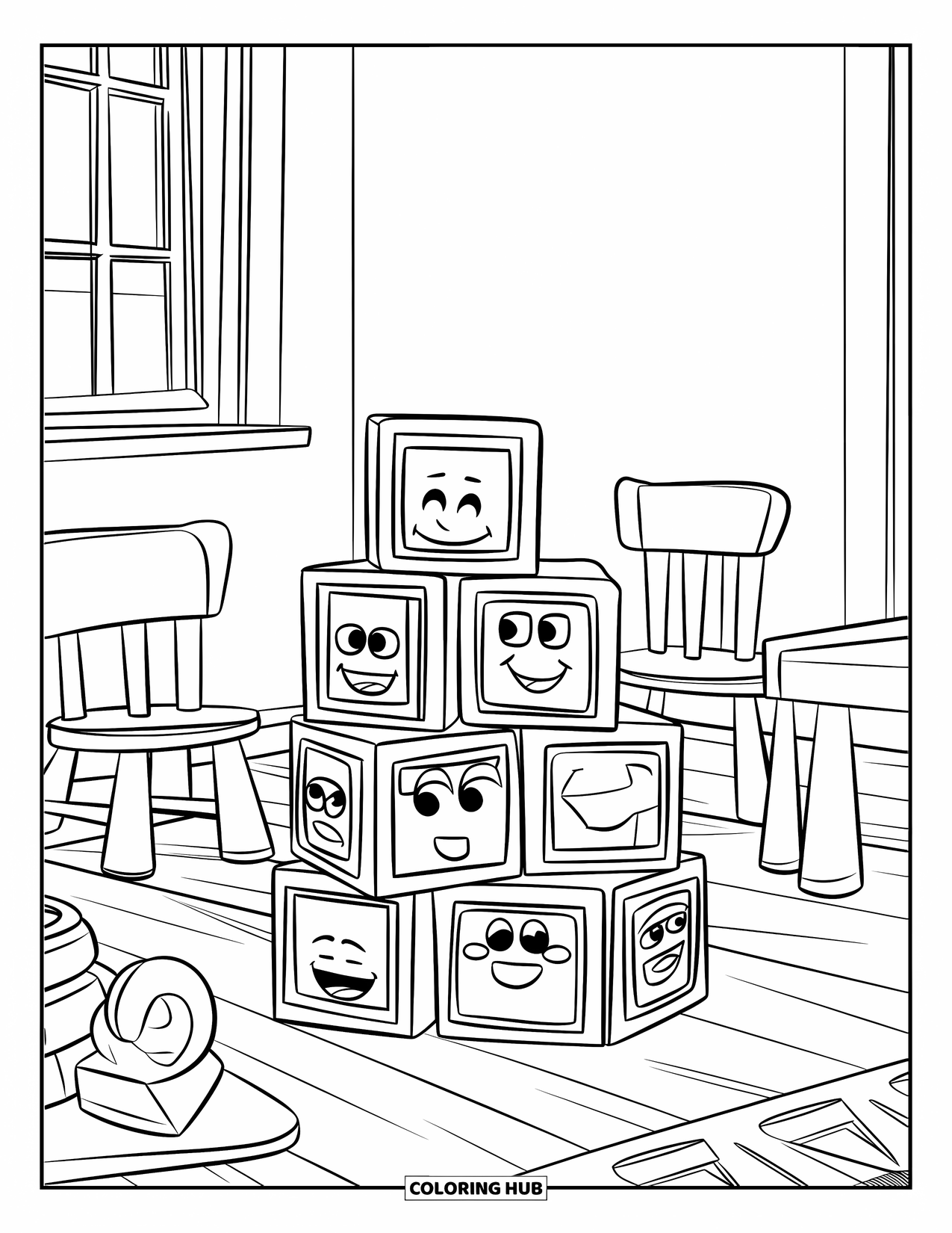 Room Coloring Page for Kids: Playroom with toy blocks, wooden floor, chairs, toys, and a window