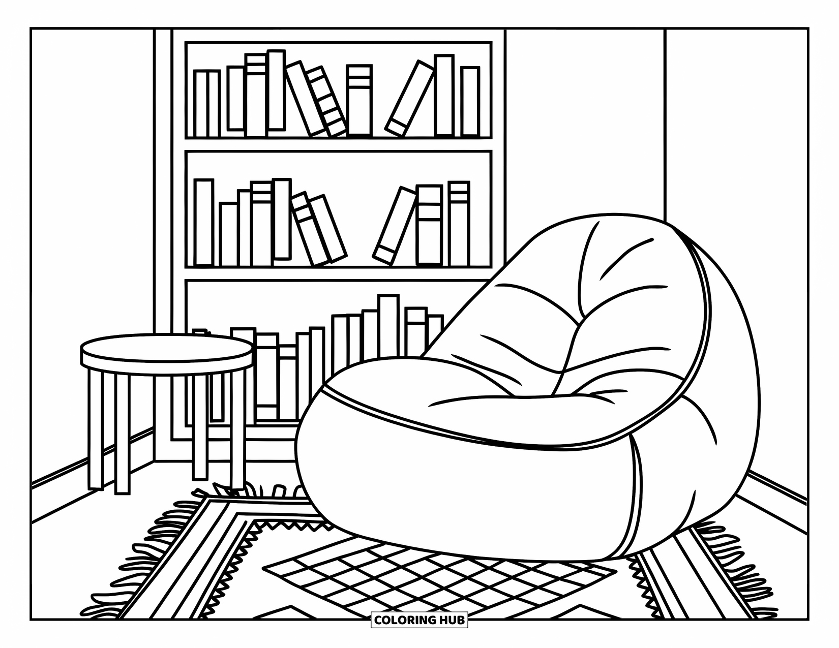 Room Coloring Page for Kids: Reading nook with bean bag, table, bookshelf, and a patterned rug