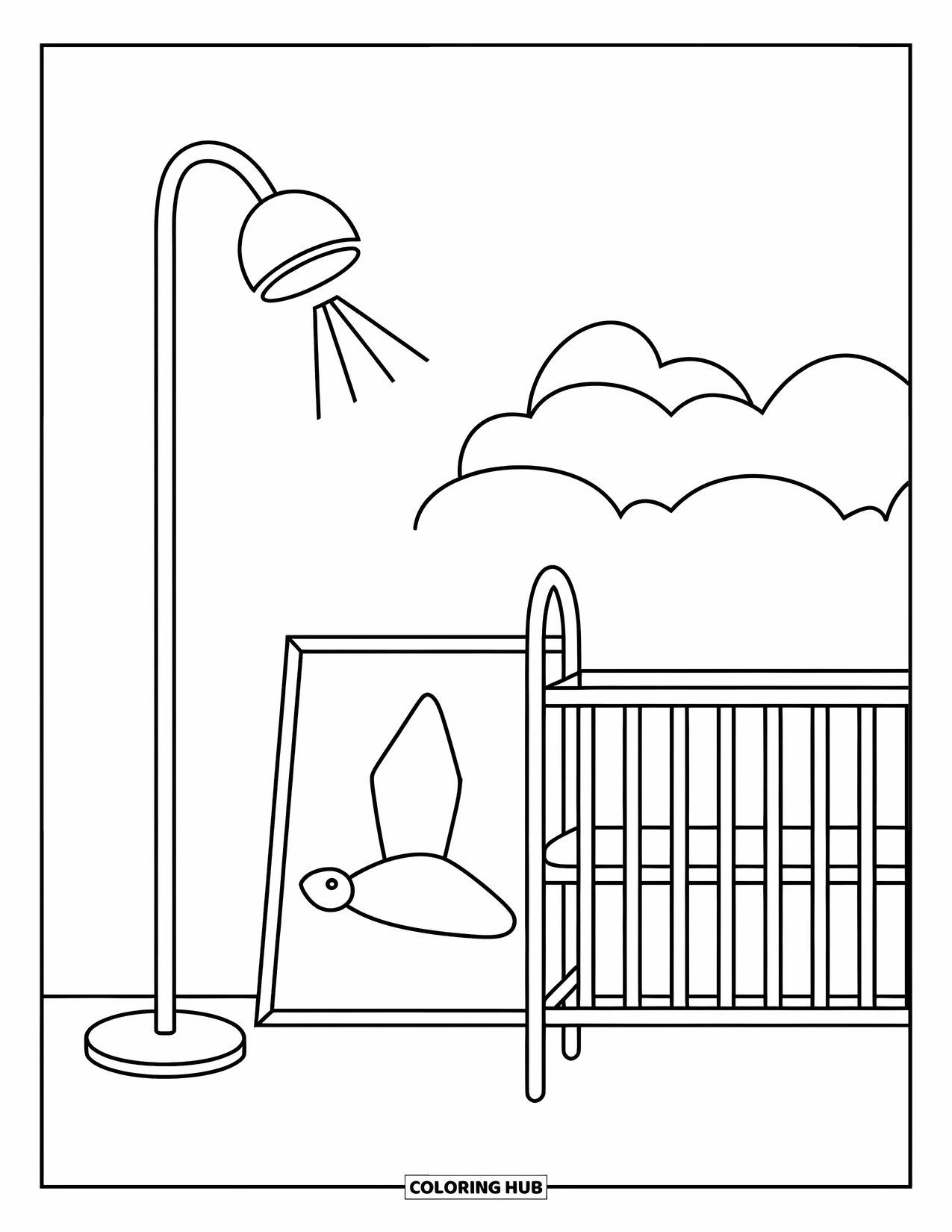 Room Coloring Page for Kids: Room with a floor lamp, crib, and a framed drawing