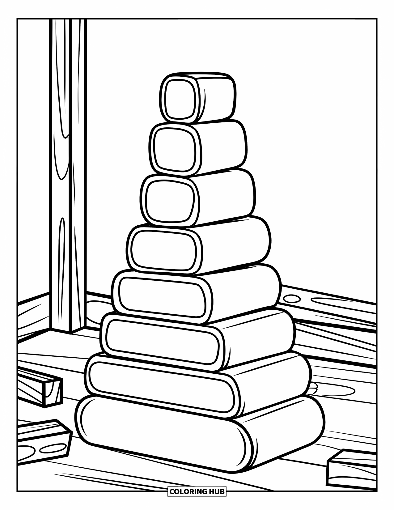 Room Coloring Page for Kids: Stacked wooden blocks in a playroom corner with a few scattered pieces