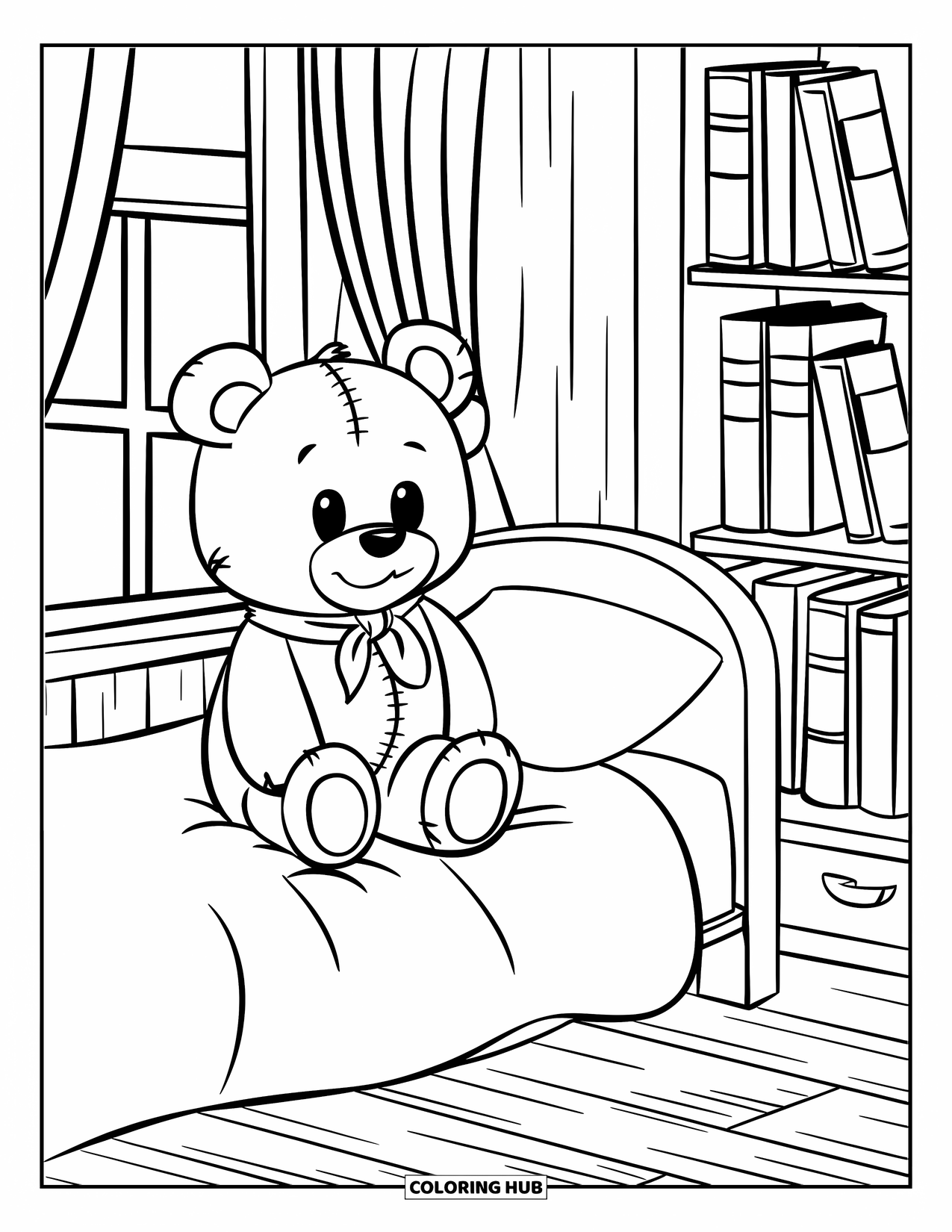 Room Coloring Page for Kids: Teddy bear with scarf on a bed near a bookshelf and curtained window