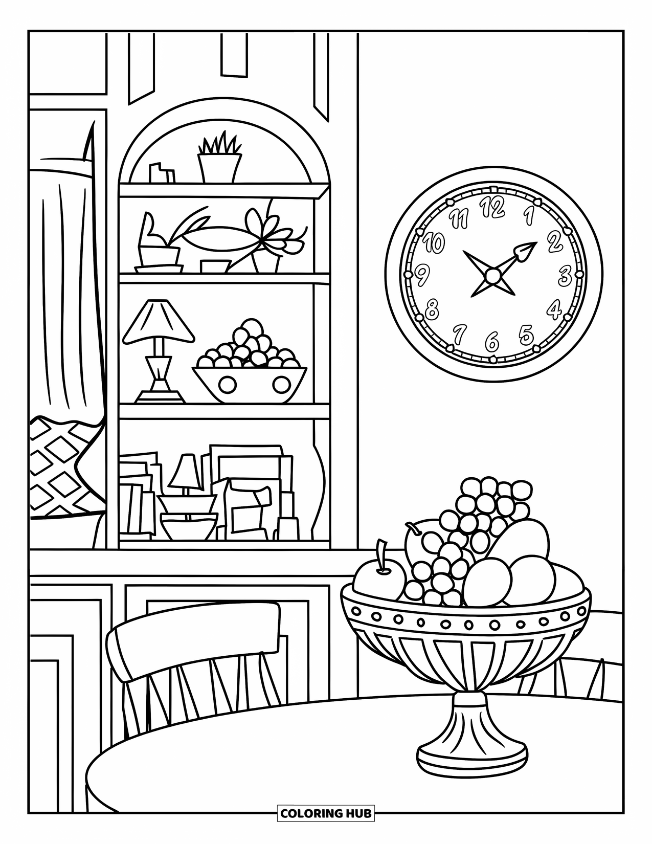 Room Coloring Page for Kids: Tidy dining area with a shelf, fruit bowl, lamp, and a classic wall clock
