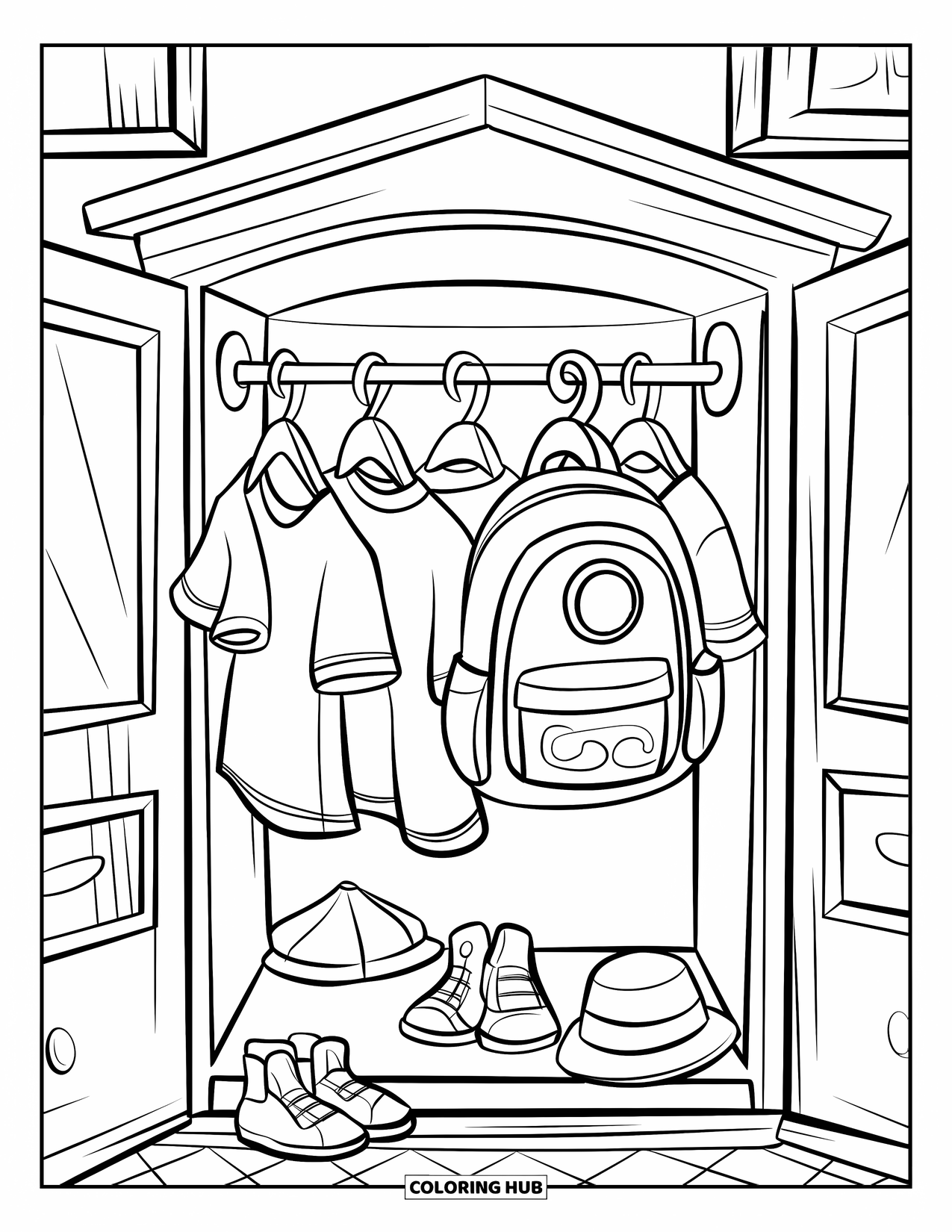 Room Coloring Page for Kids: Wooden closet with shirts, shoes, backpack, and a small window