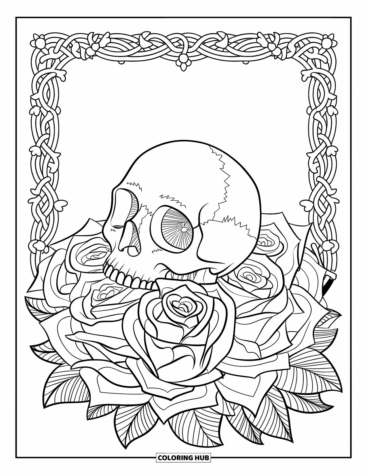 Rose Skull Coloring Page for Adults: A cracked skull sits in detailed roses with a floral border