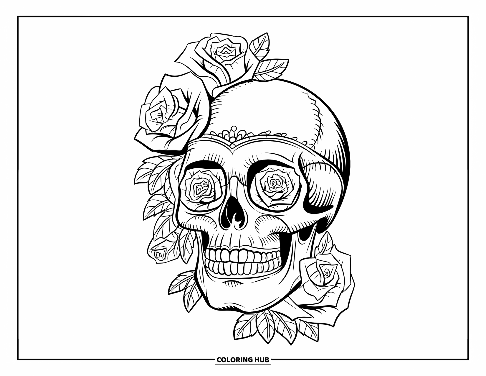 Rose Skull Coloring Page for Adults: A floral skull with roses in the eyes and jaw on a clean background