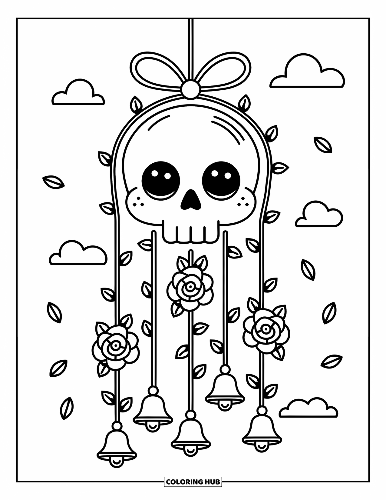 Rose Skull Coloring Page for Adults: A hanging skull wind chime with roses, leaves, and soft floating petals