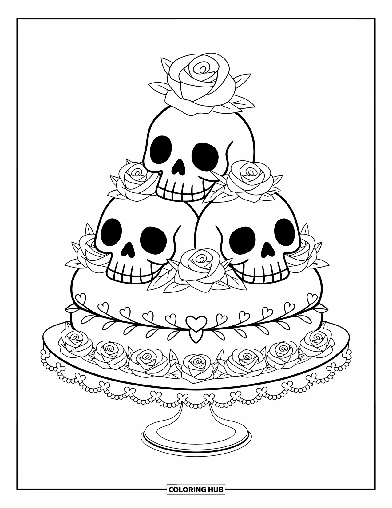Rose Skull Coloring Page for Adults: A layered skull cake with roses and hearts on a frilly plate