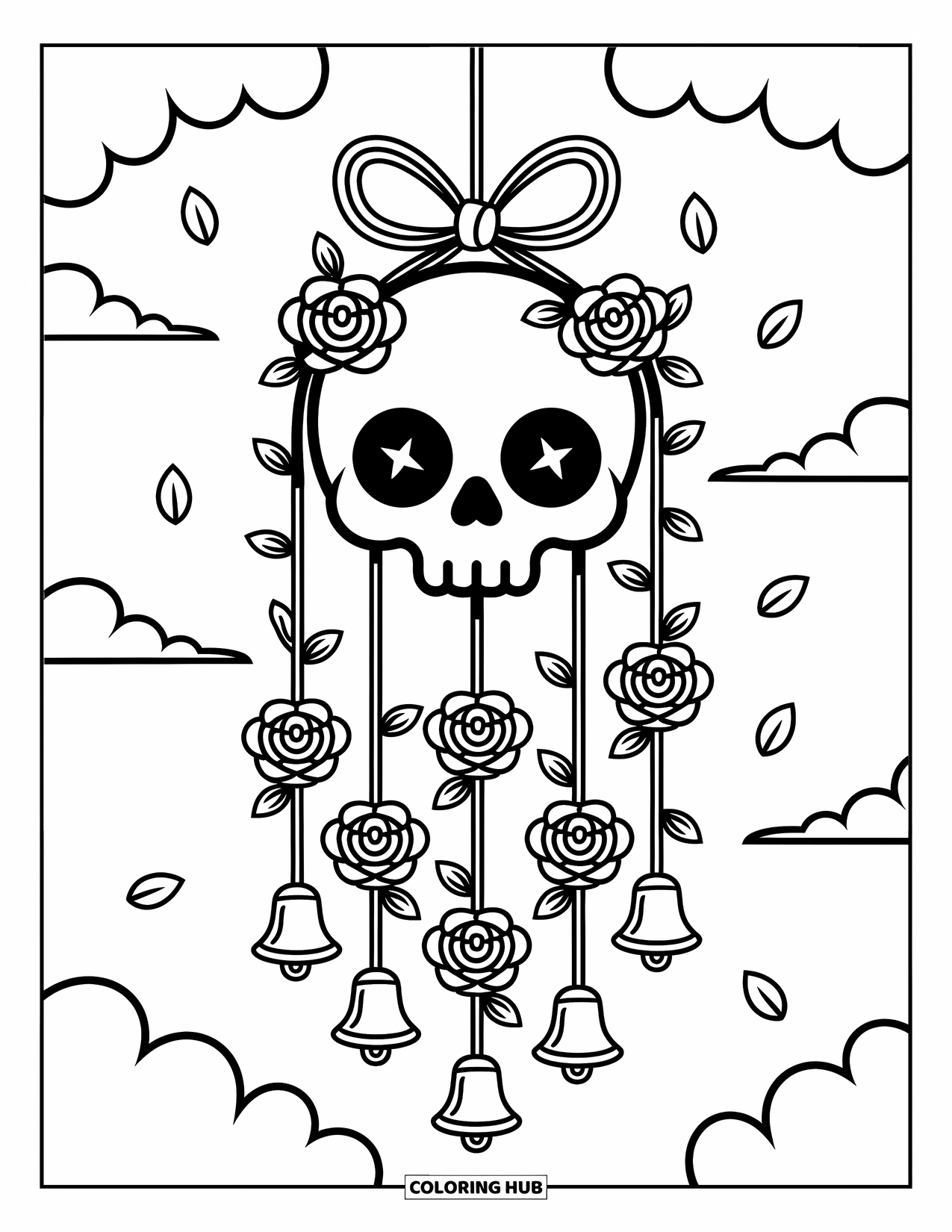 Rose Skull Coloring Page for Adults: A peaceful wind chime with a skull and delicate rose strands in the breeze