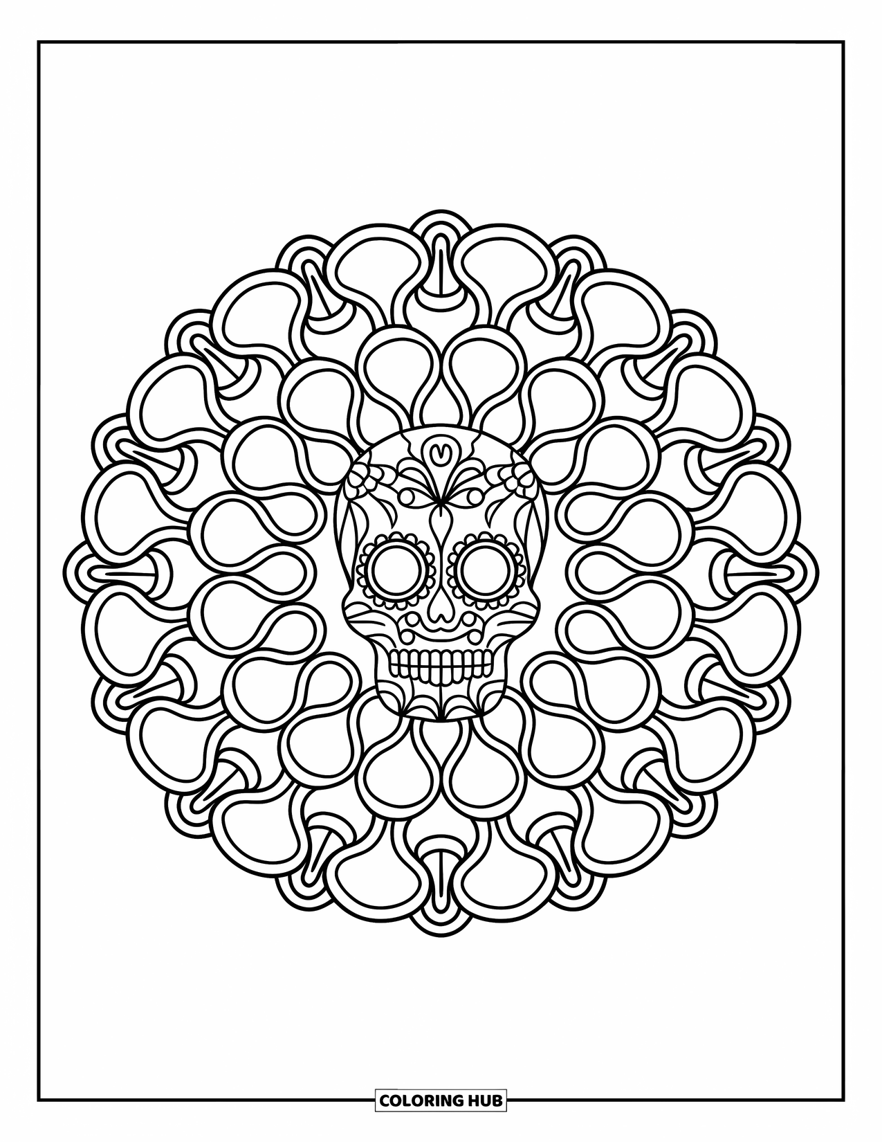 Rose Skull Coloring Page for Adults: A rose petal mandala surrounds an ornate skull