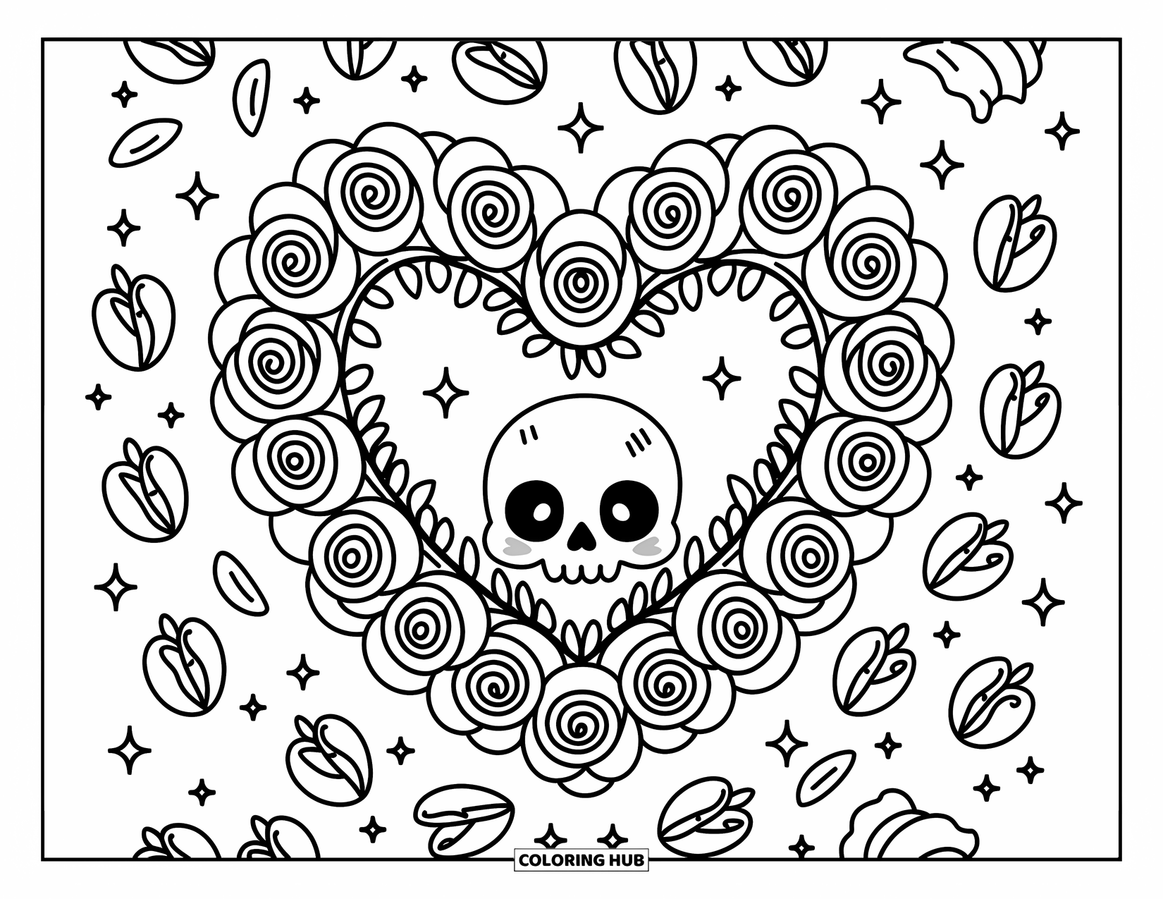 Rose Skull Coloring Page for Adults: A rose wreath heart with a small skull peeking out and sparkles around it