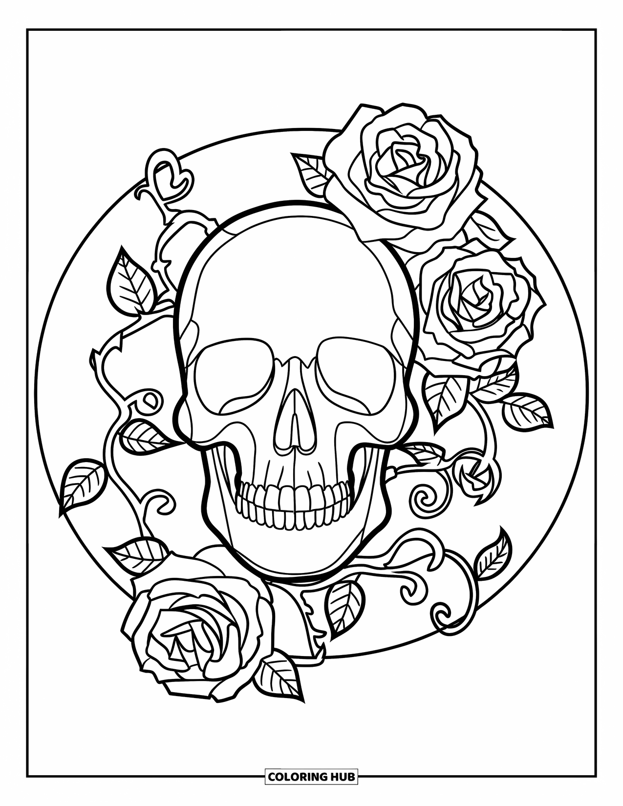Rose Skull Coloring Page for Adults: A skull with patterned vines and leaves inside a circular focus