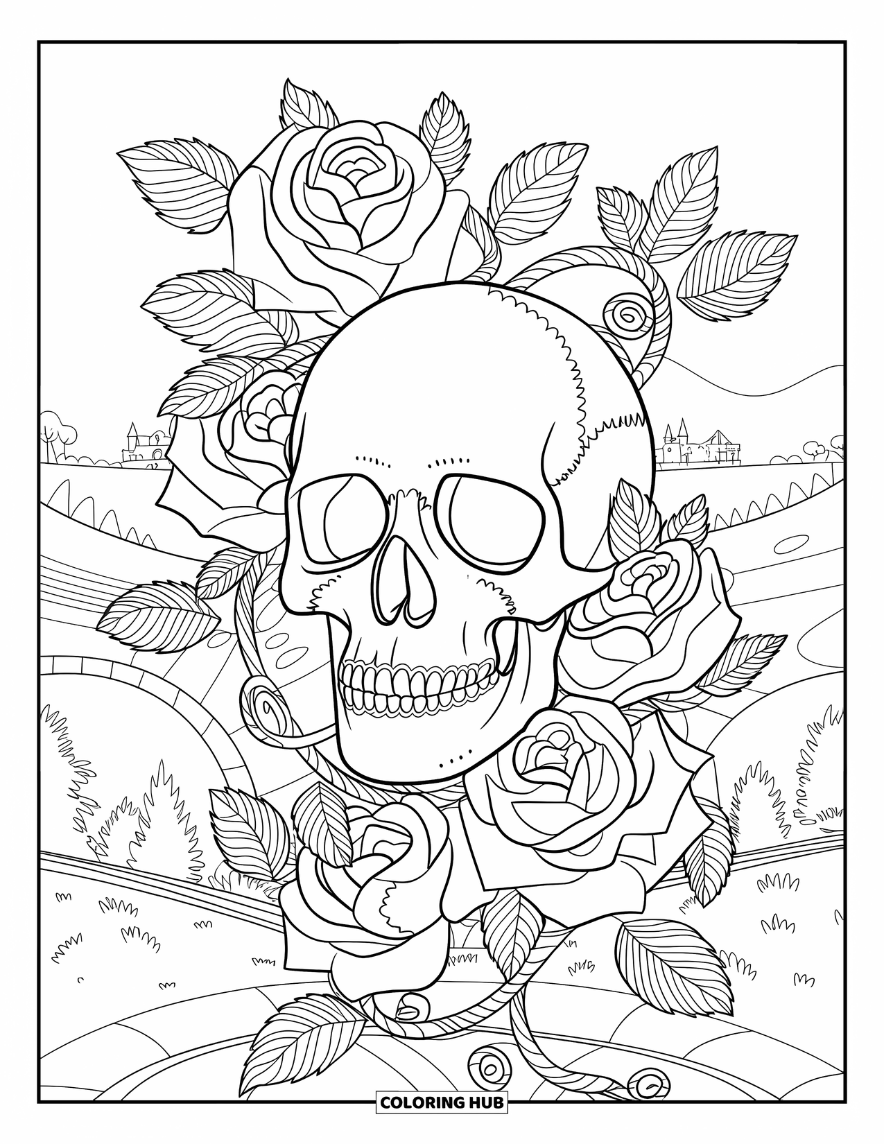 Rose Skull Coloring Page for Adults: A skull wrapped in roses and leaves with a castle in the distance