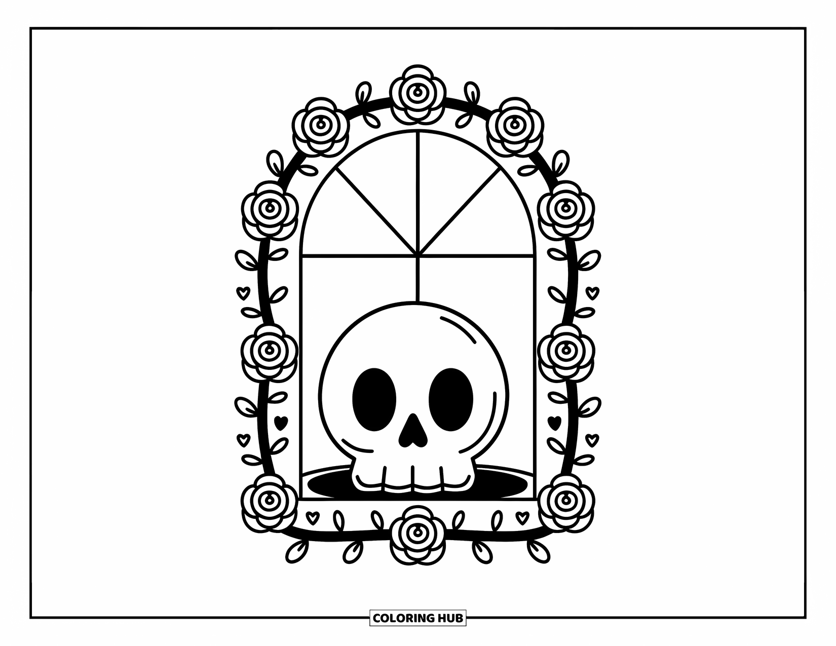 Rose Skull Coloring Page for Adults: A smiling skull framed by roses and hearts in a tall window