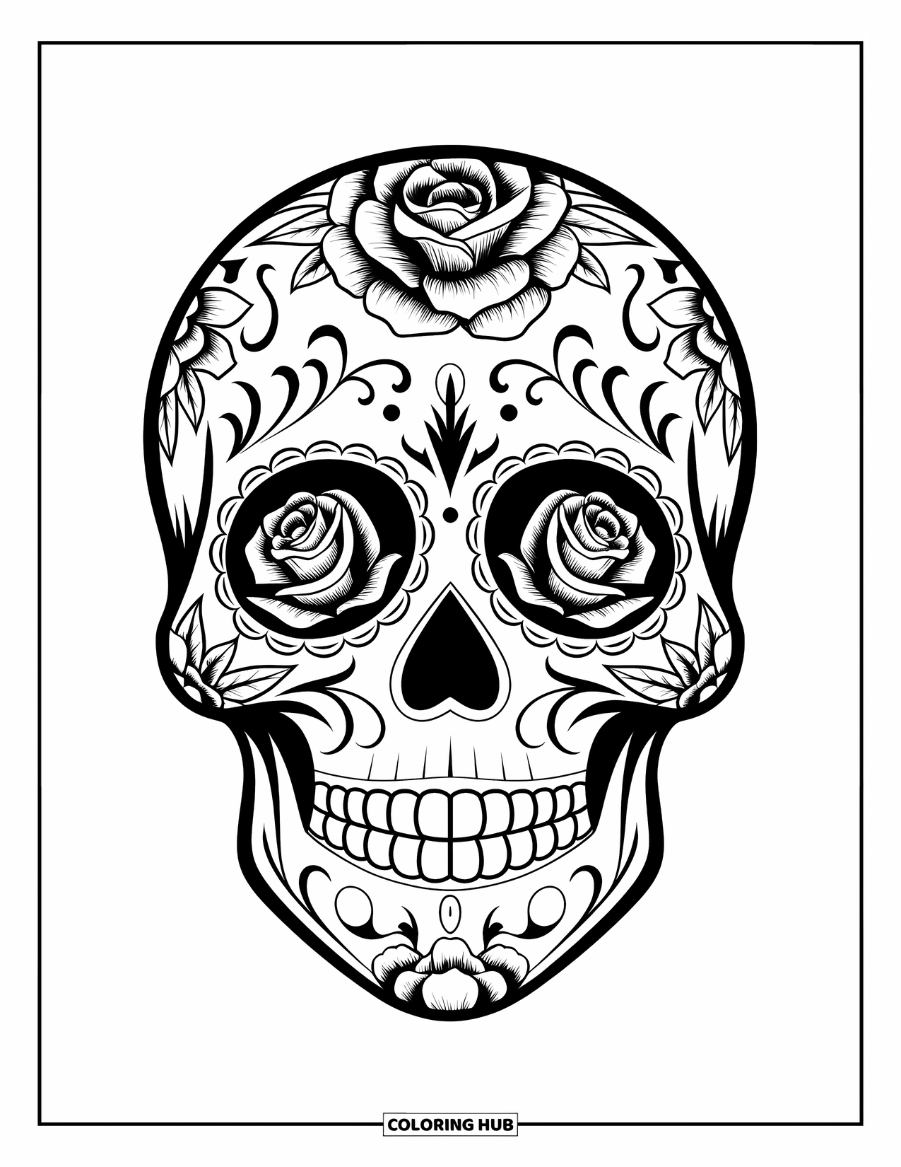 Rose Skull Coloring Page for Adults: A sugar skull smiles with rose patterns around its eyes