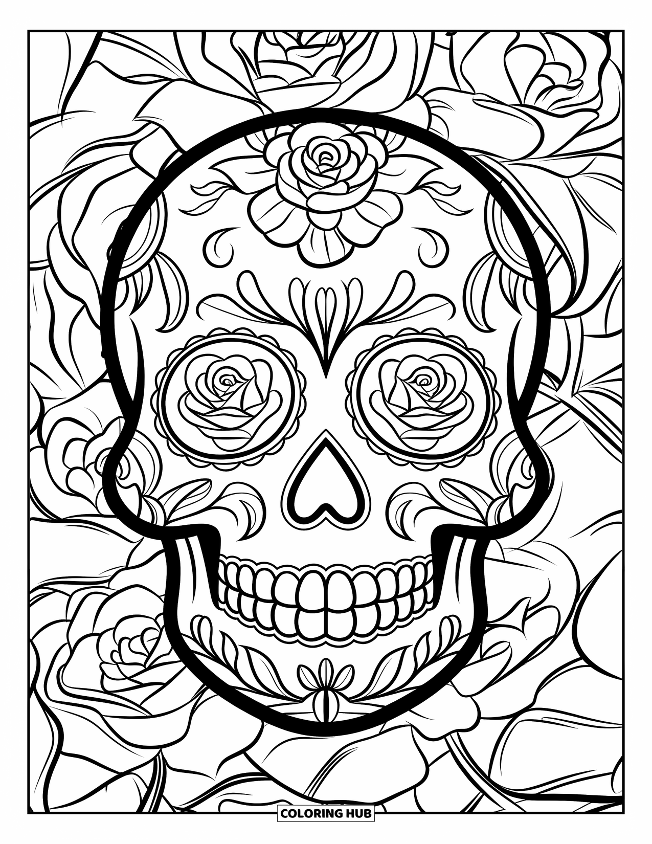 Rose Skull Coloring Page for Adults: A sugar skull with a wide smile and floral rose details