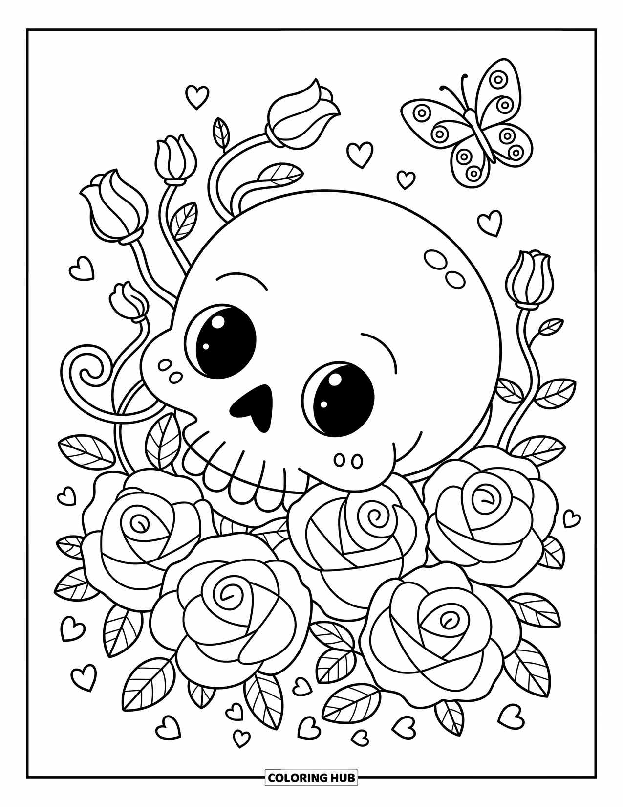 Rose Skull Coloring Page for Adults: A tilted skull nestled in rose petals with a butterfly nearby