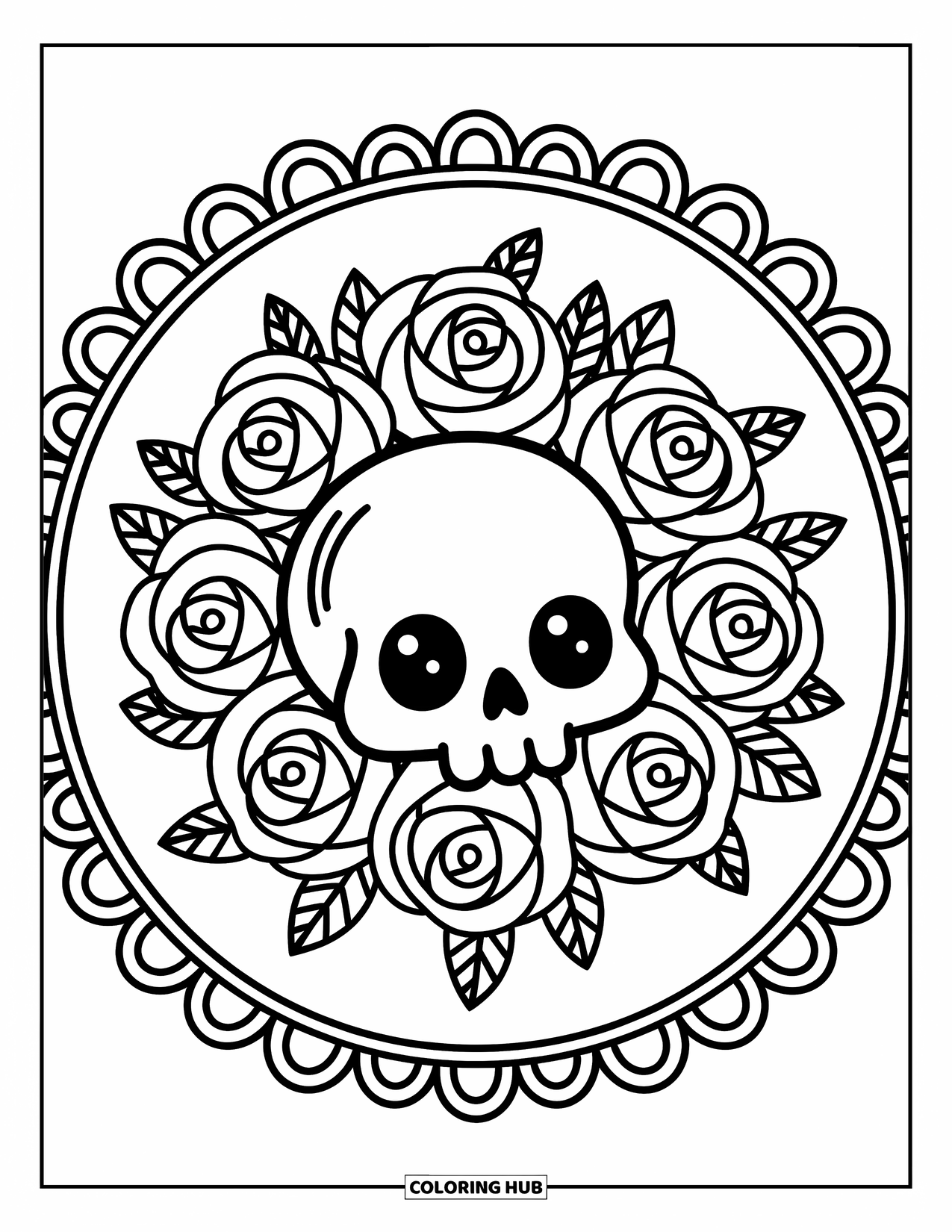 Rose Skull Coloring Page for Adults: A tiny skull encircled by roses and leaves in a cute round frame