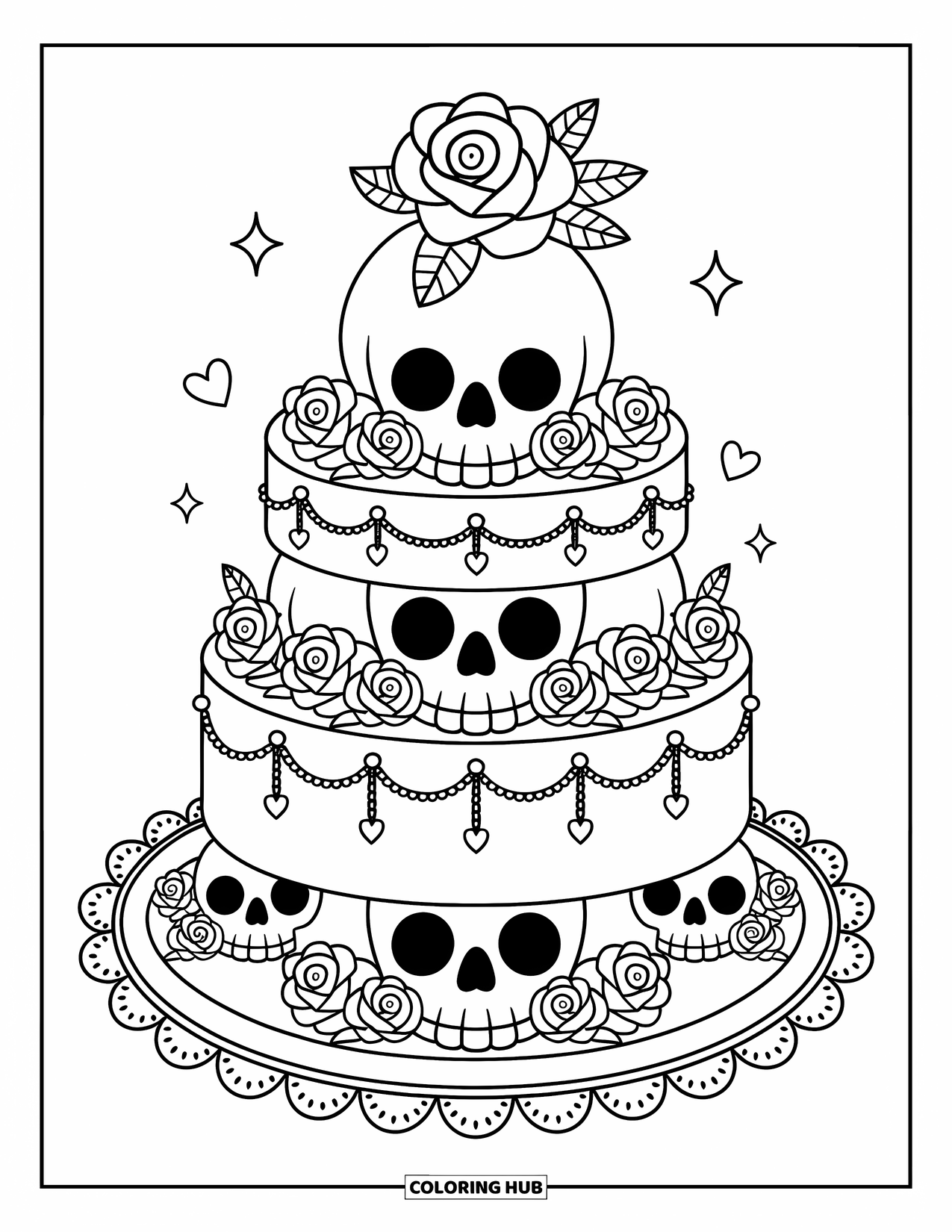 Rose Skull Coloring Page for Adults: A whimsical skull cake with hearts, stars, and a big rose on top