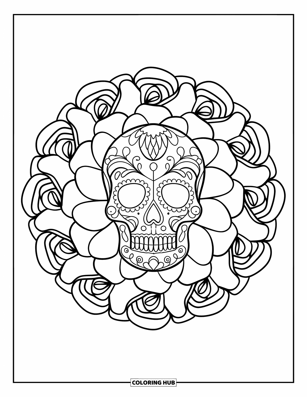 Rose Skull Coloring Page for Adults: An ornate skull sits at the center of a rose mandala