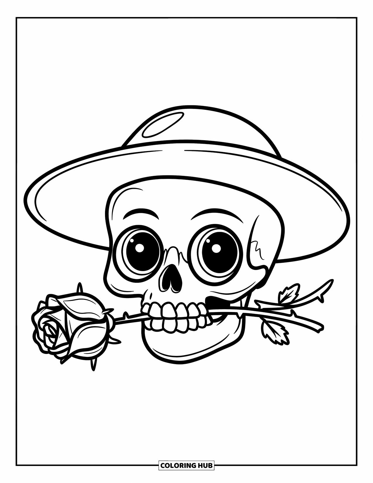 Rose Skull Coloring Page for Kids: A big-eyed skull with a hat biting into a thorny rose