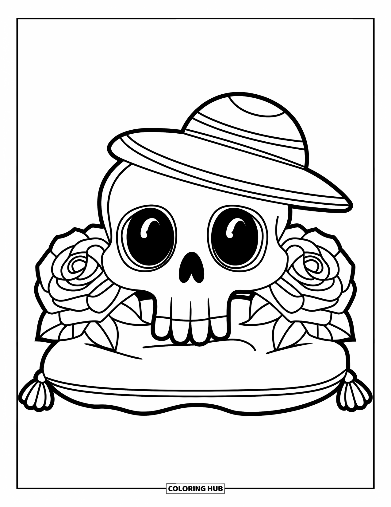 Rose Skull Coloring Page for Kids: A big smiling skull with cartoon roses, sitting on a pillow