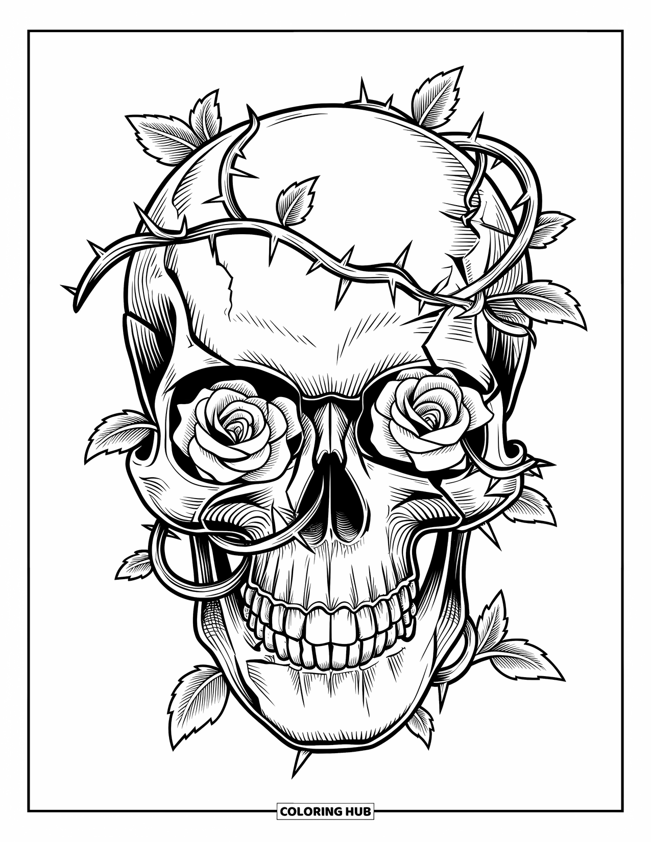 Rose Skull Coloring Page for Kids: A broken skull with twisting rose vines and thorns
