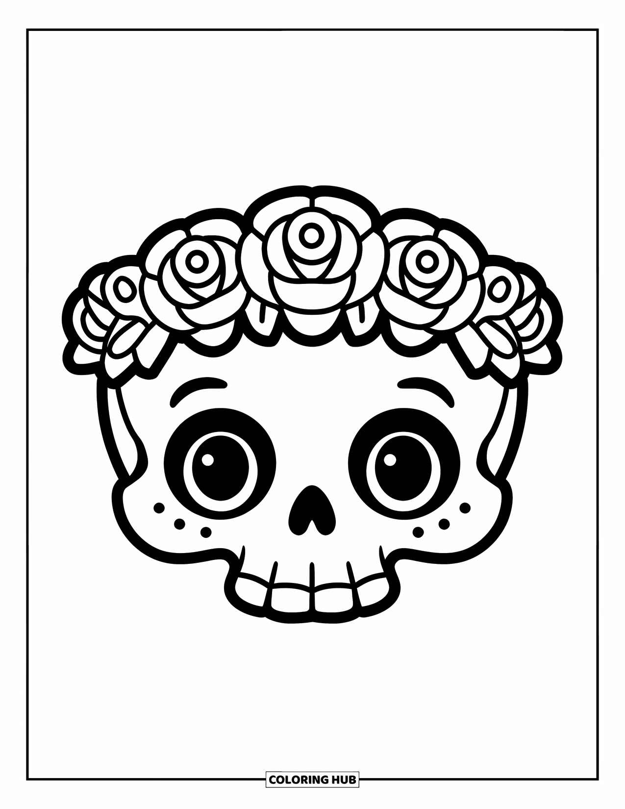 Rose Skull Coloring Page for Kids: A cheerful skull with a rose crown on its head