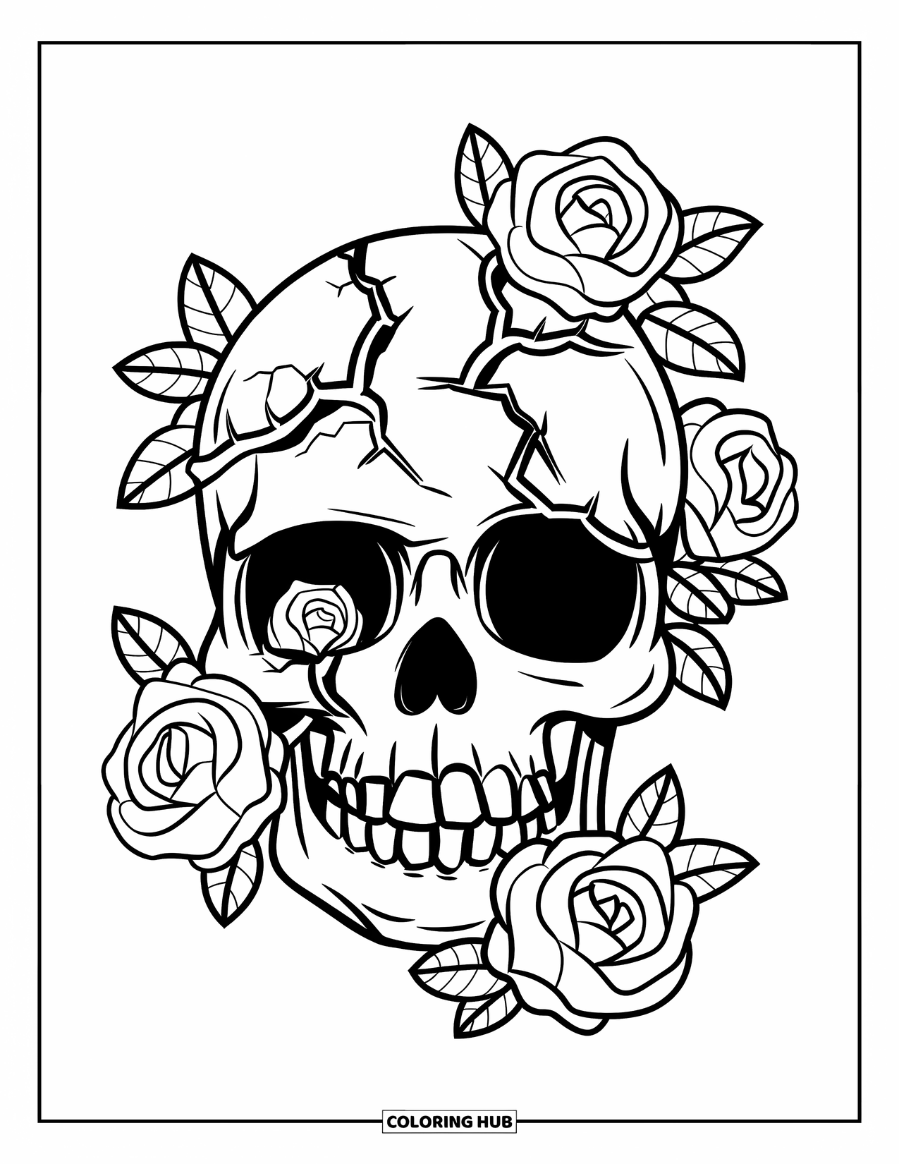 Rose Skull Coloring Page for Kids: A cracked skull with rose vines and missing teeth