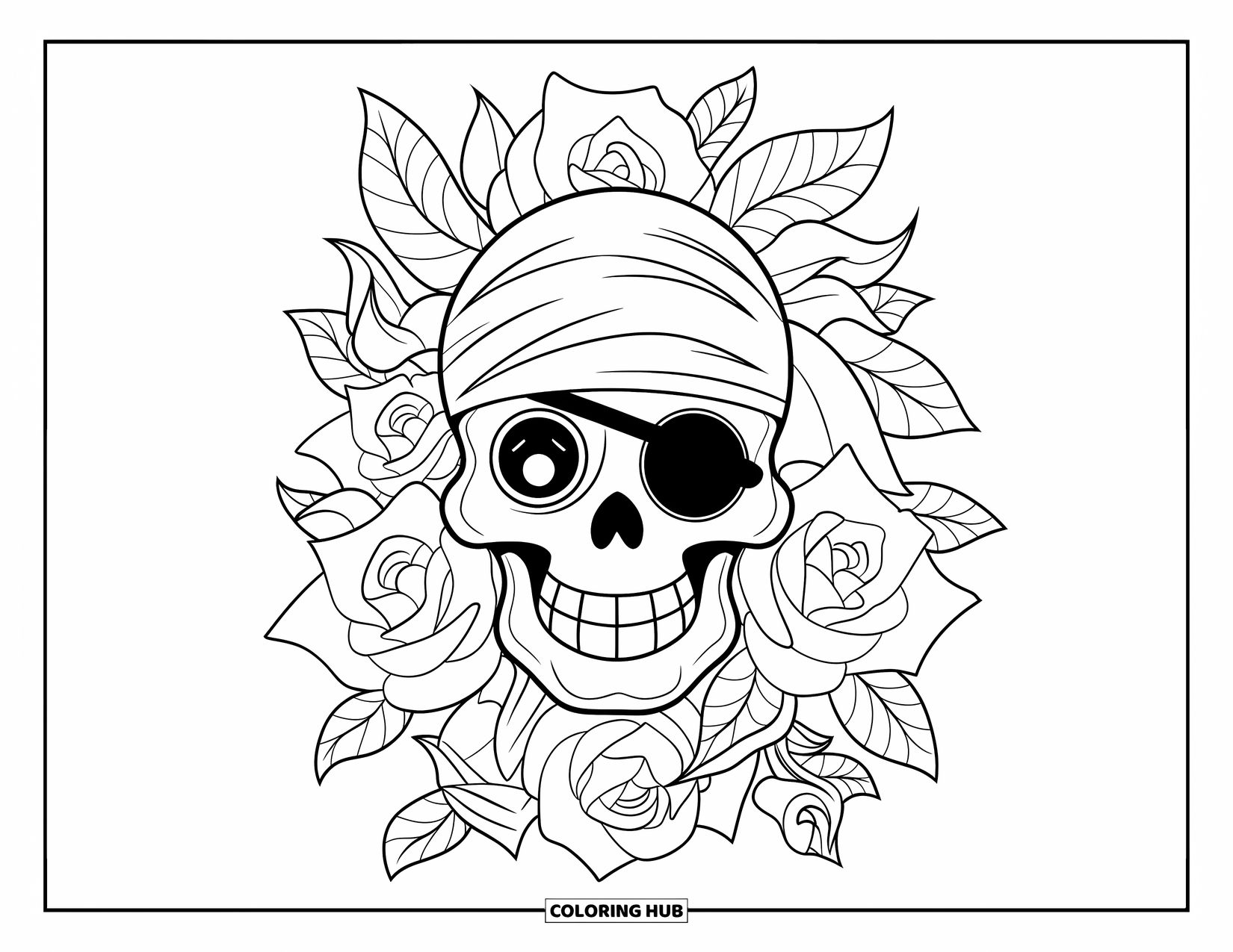 Rose Skull Coloring Page for Kids: A grinning pirate skull with full blooming roses