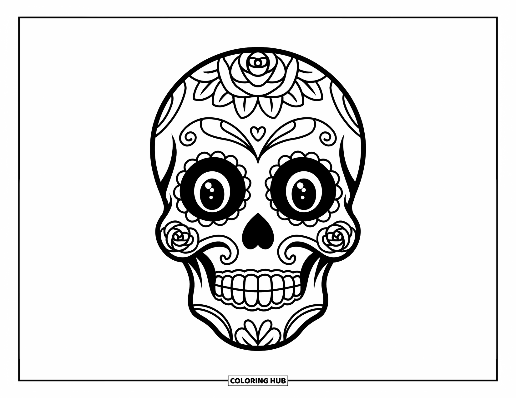 Rose Skull Coloring Page for Kids: A happy sugar skull with roses and large, open eyes