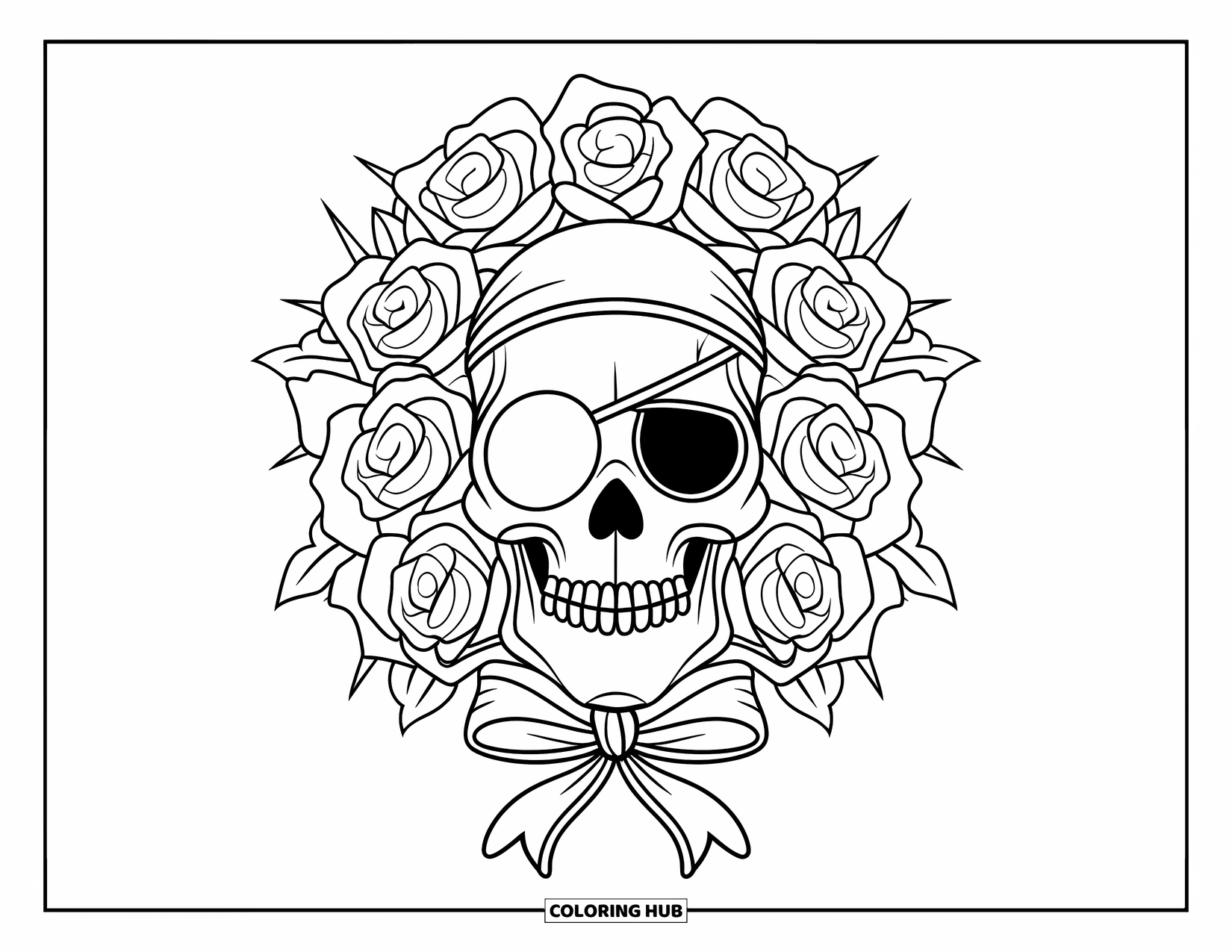 Rose Skull Coloring Page for Kids: A pirate skull with roses, an eye patch, and a ribbon