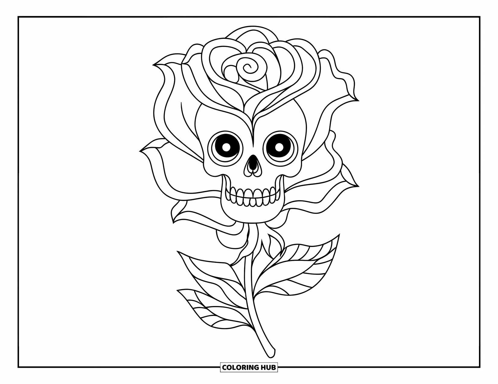 Rose Skull Coloring Page for Kids: A rose bloom slowly turns into a skull in the center