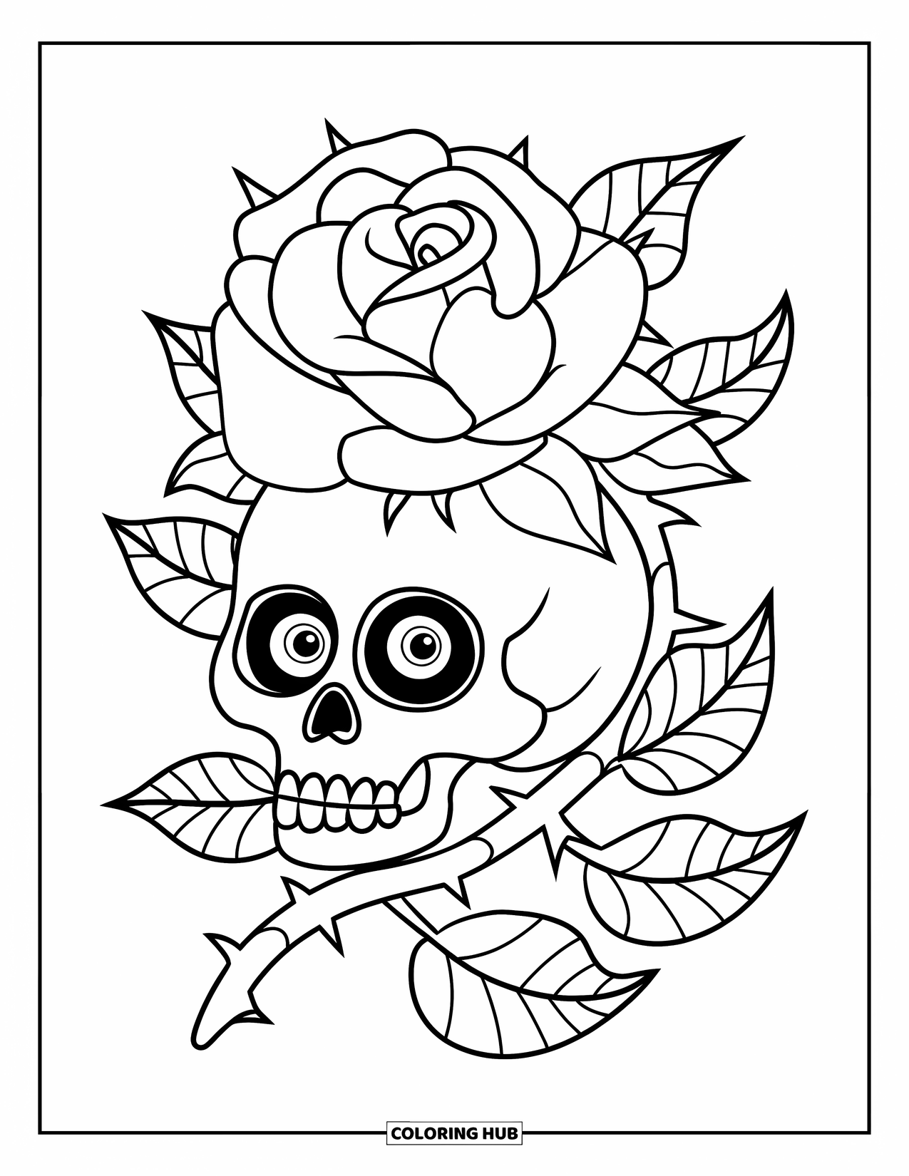 Rose Skull Coloring Page for Kids: A rose sits on a skull surrounded by wavy leaves