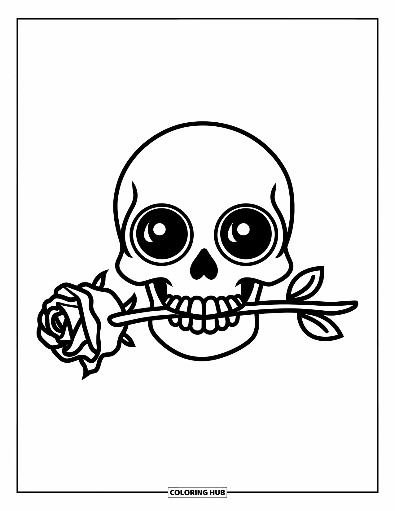 Rose Skull Coloring Page for Kids: A round-eyed skull grinning with a thorny rose in its mouth