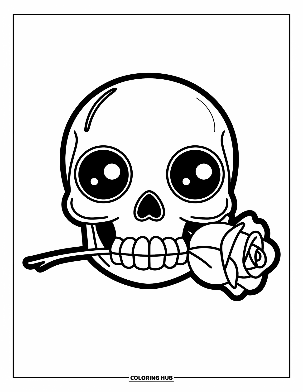 Rose Skull Coloring Page for Kids: A smiling skull with a rose wrapping around its head